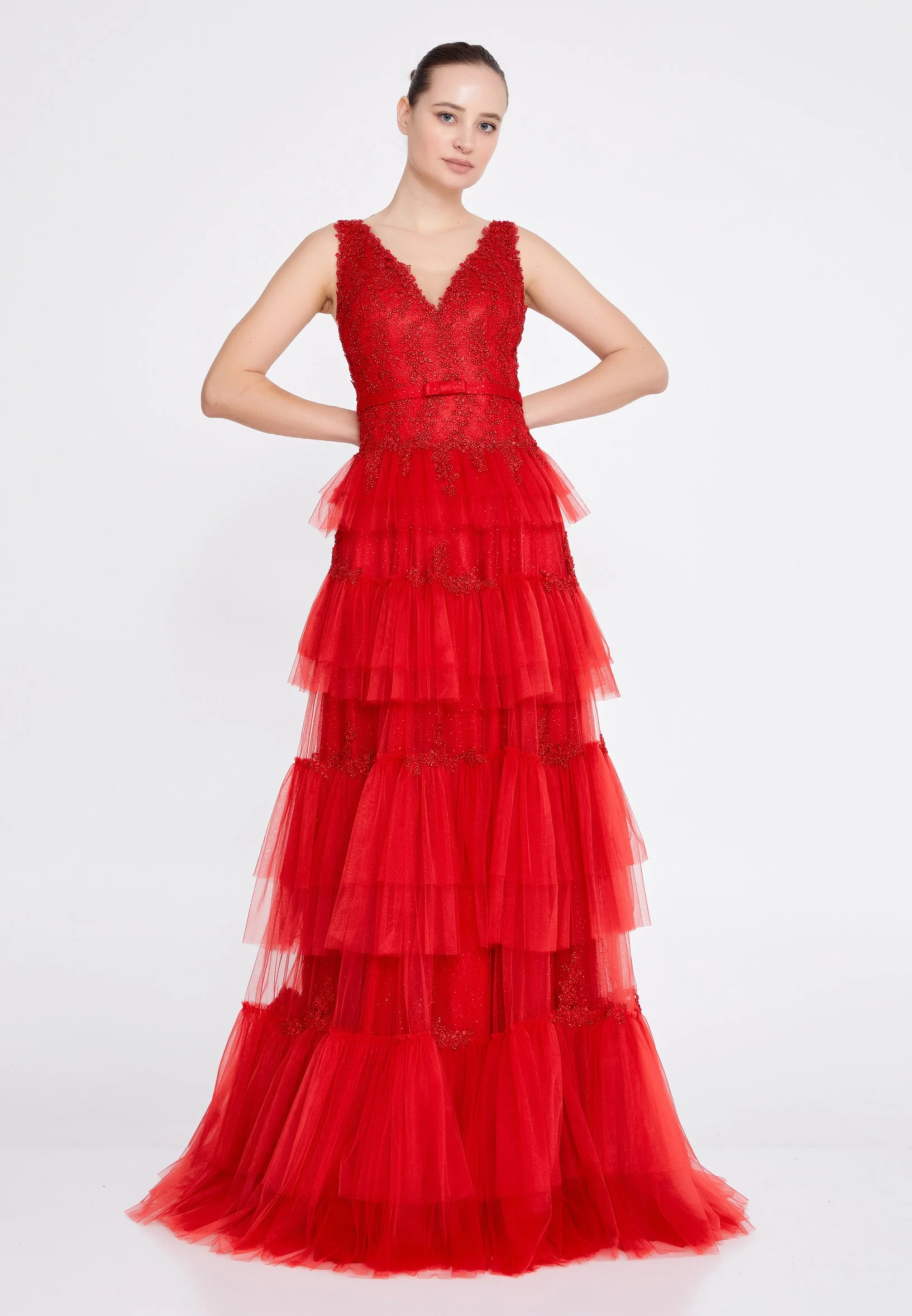 Sleeveless Maxi Tulle A - Line Regular Prom Dress omn2138 - Image 17