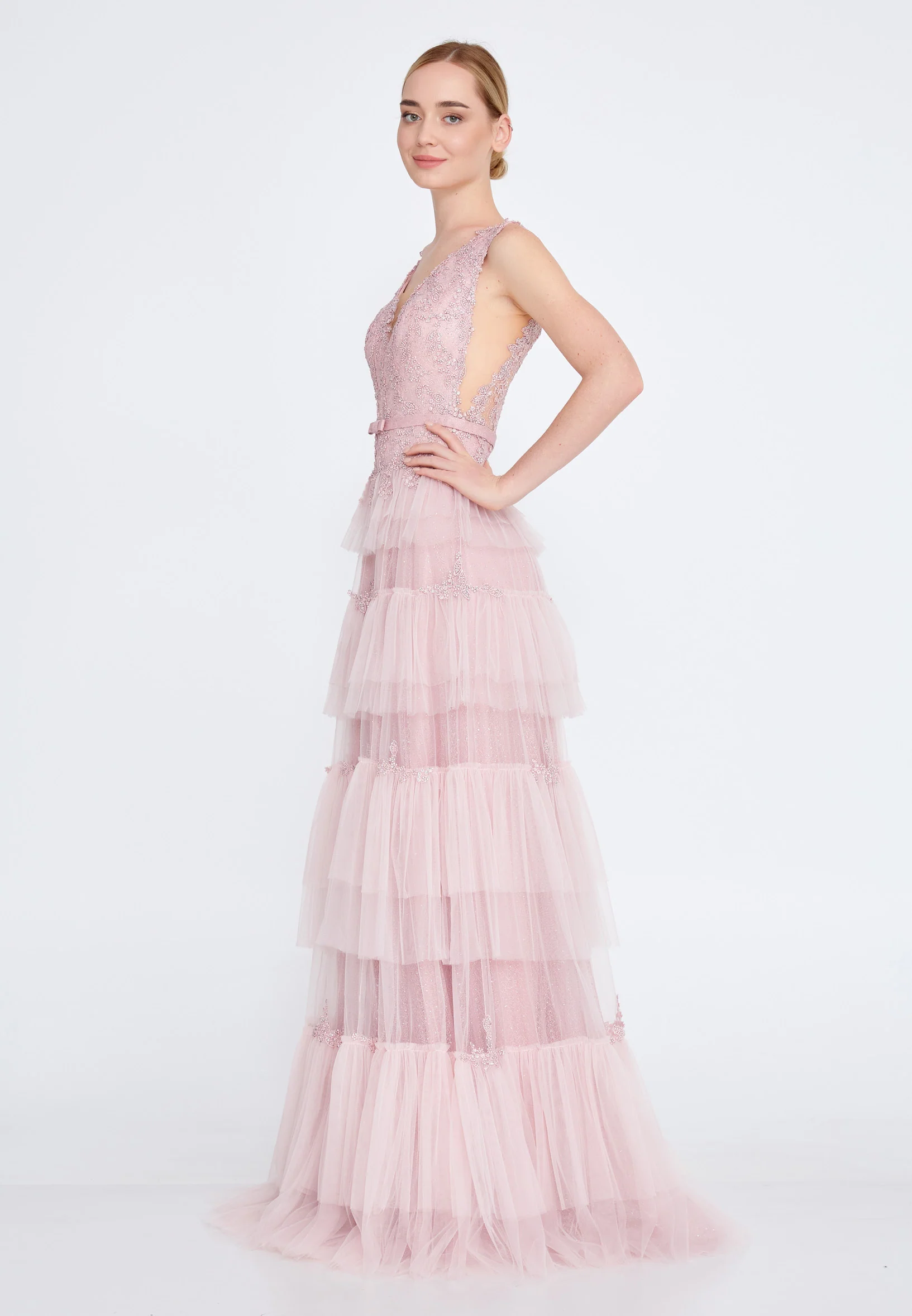 Sleeveless Maxi Tulle A - Line Regular Prom Dress omn2138 - Image 3