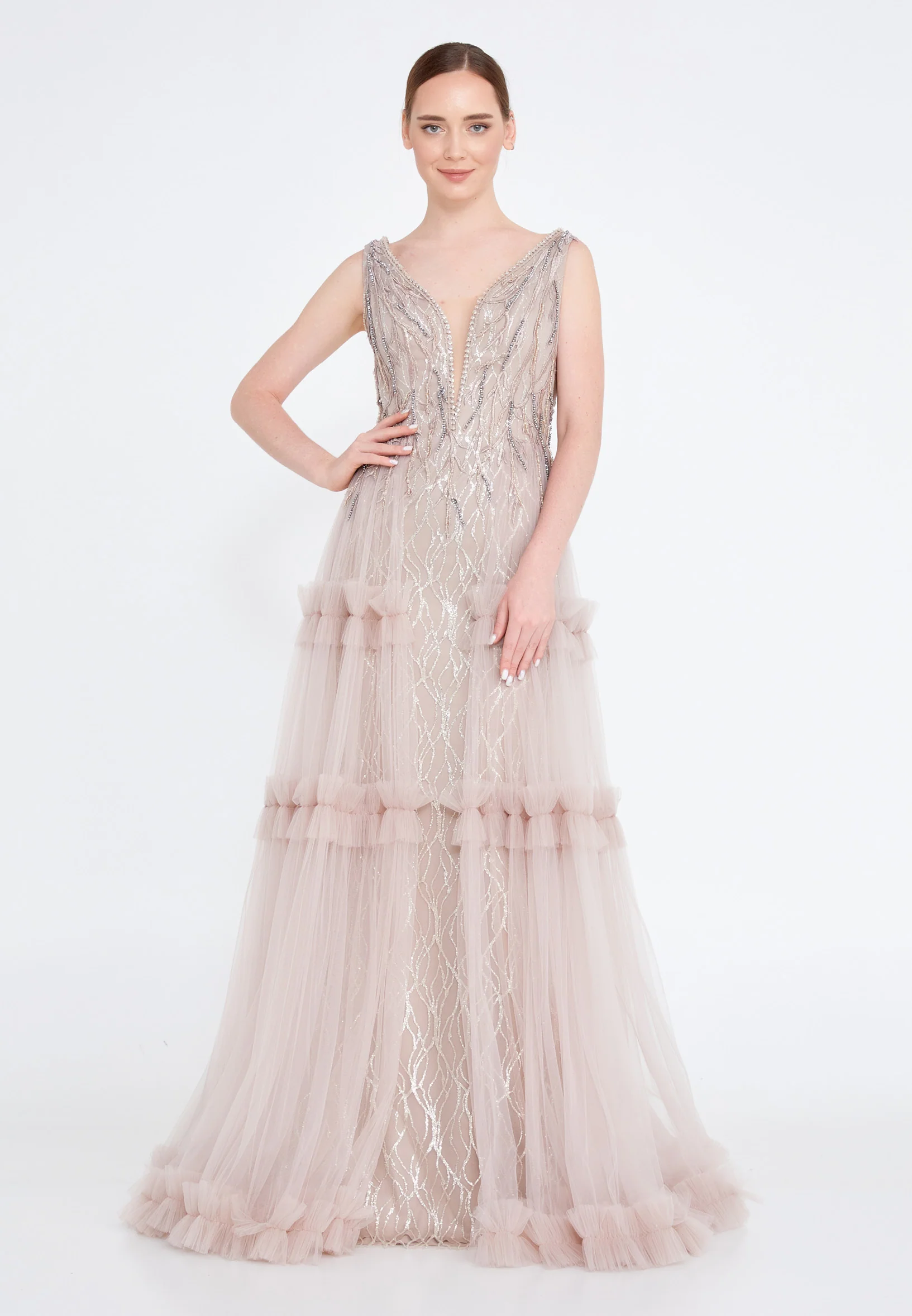 Sleeveless Maxi Tulle A - Line Regular Prom Dress omn2216