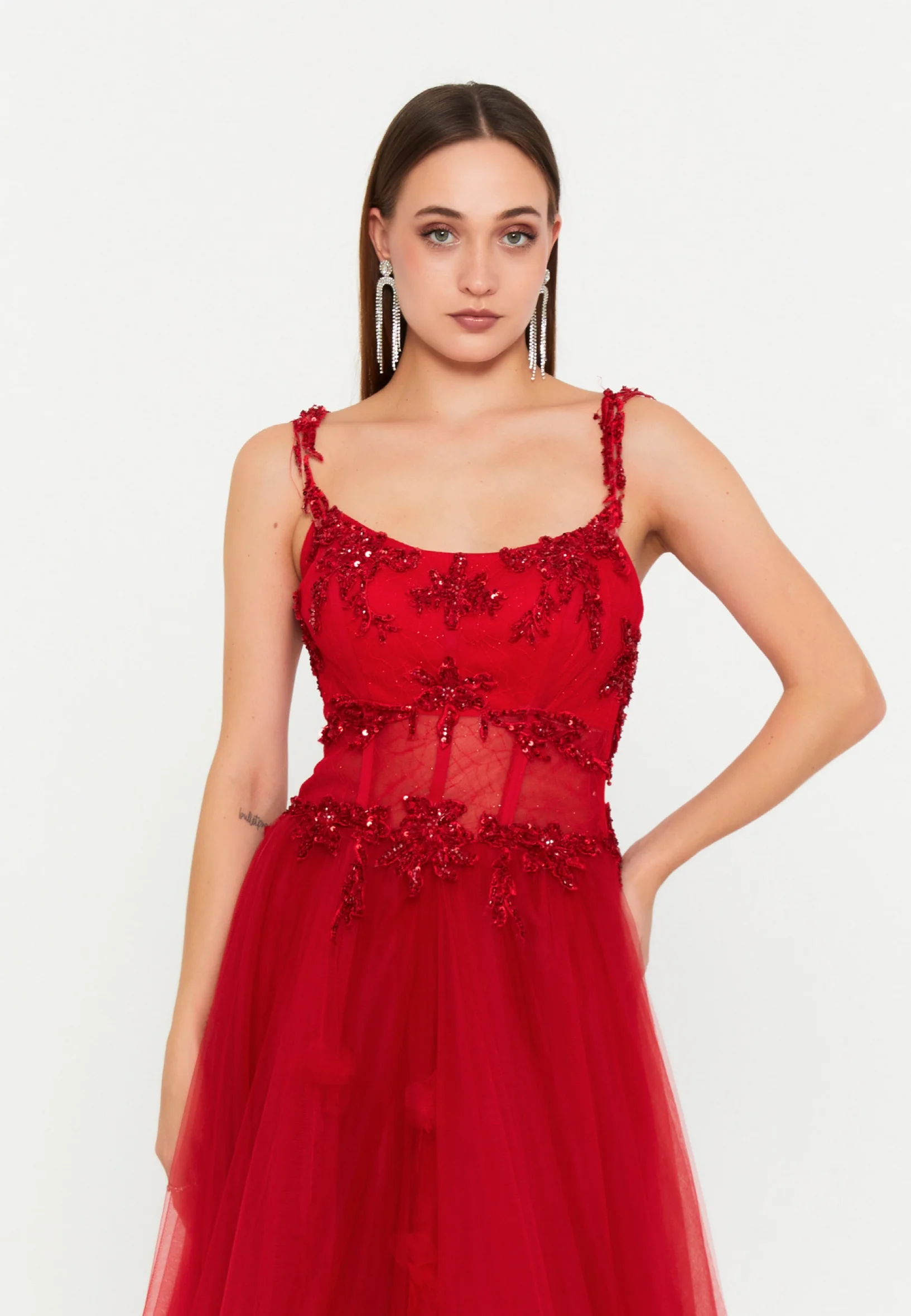 Sleeveless Maxi Tulle A - Line Regular Prom Dress omn488 - Image 15