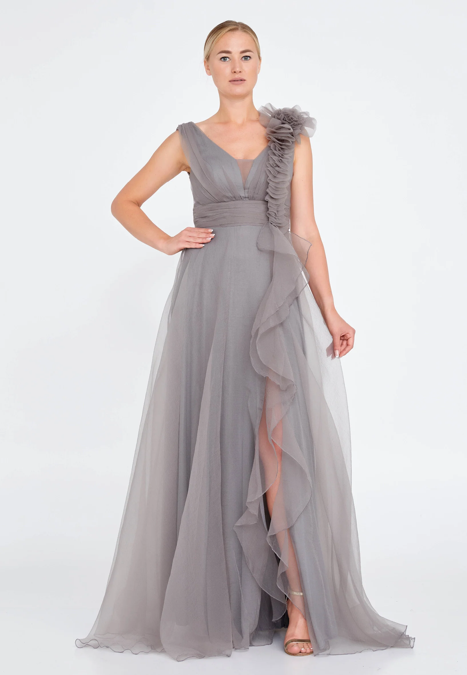 Sleeveless Maxi Tulle A - Line Regular Prom Dress srn9009 - Image 17