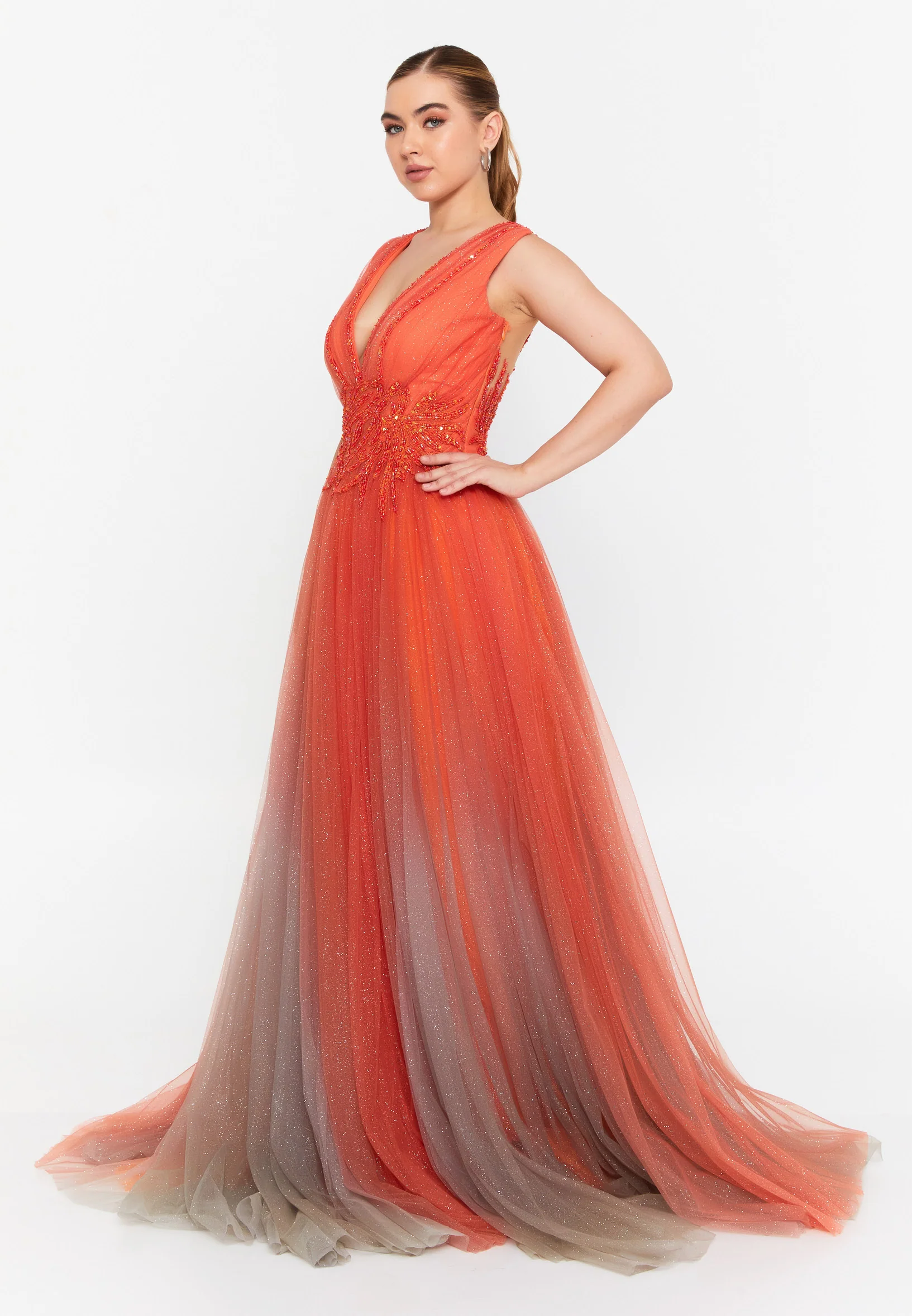 Sleeveless Maxi Tulle Column Regular Prom Dress omn658 - Image 3