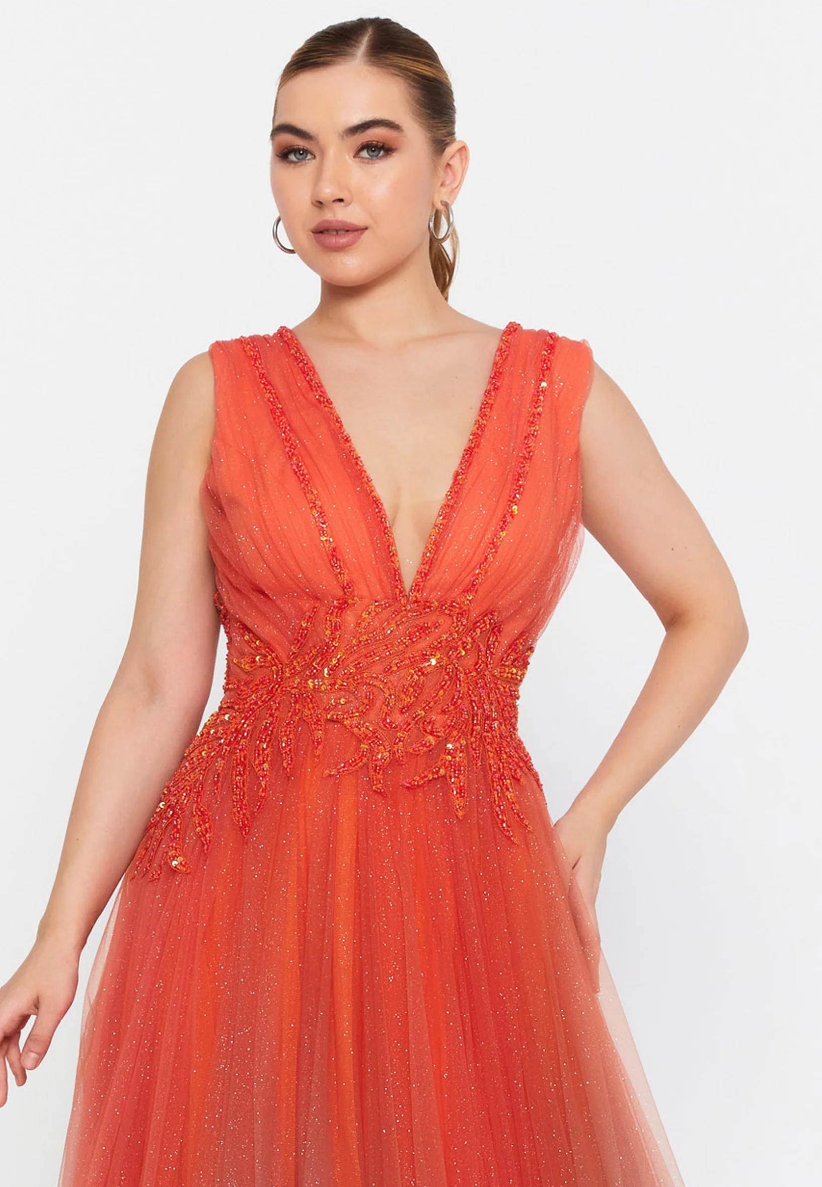 Sleeveless Maxi Tulle Column Regular Prom Dress omn658 - Image 4