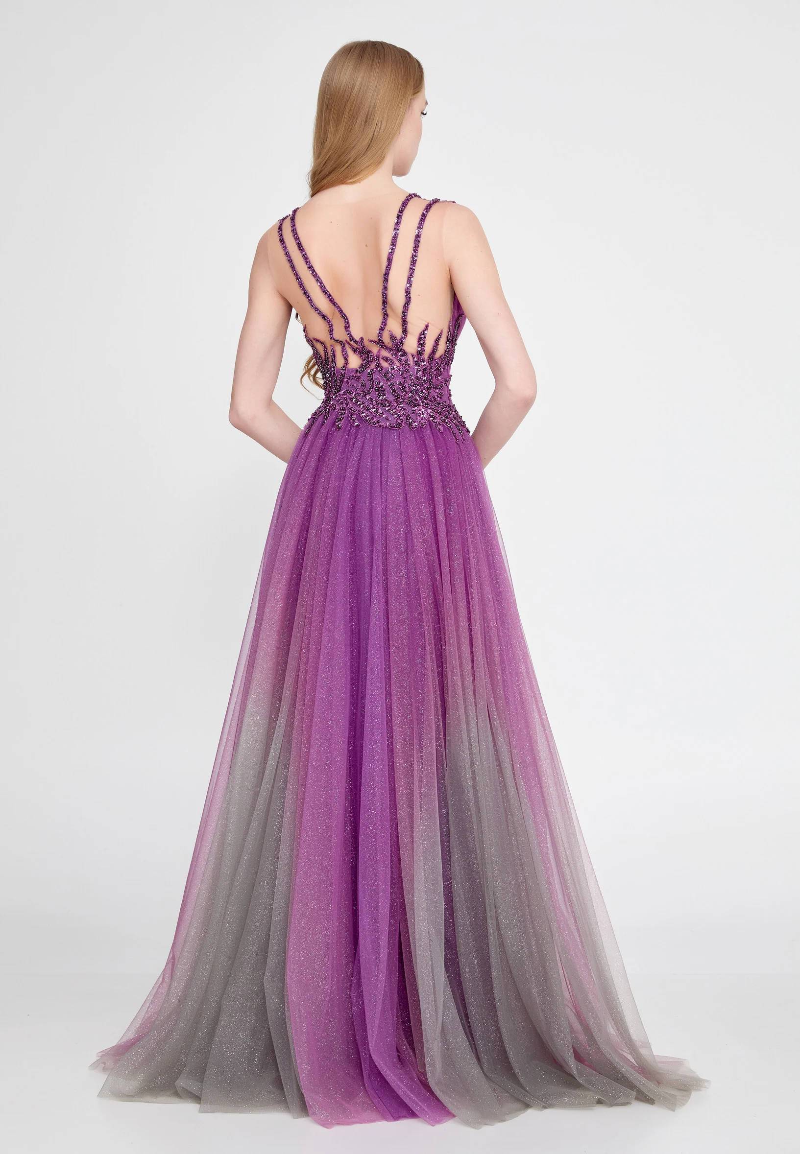 Sleeveless Maxi Tulle Column Regular Prom Dress omn658 - Image 7