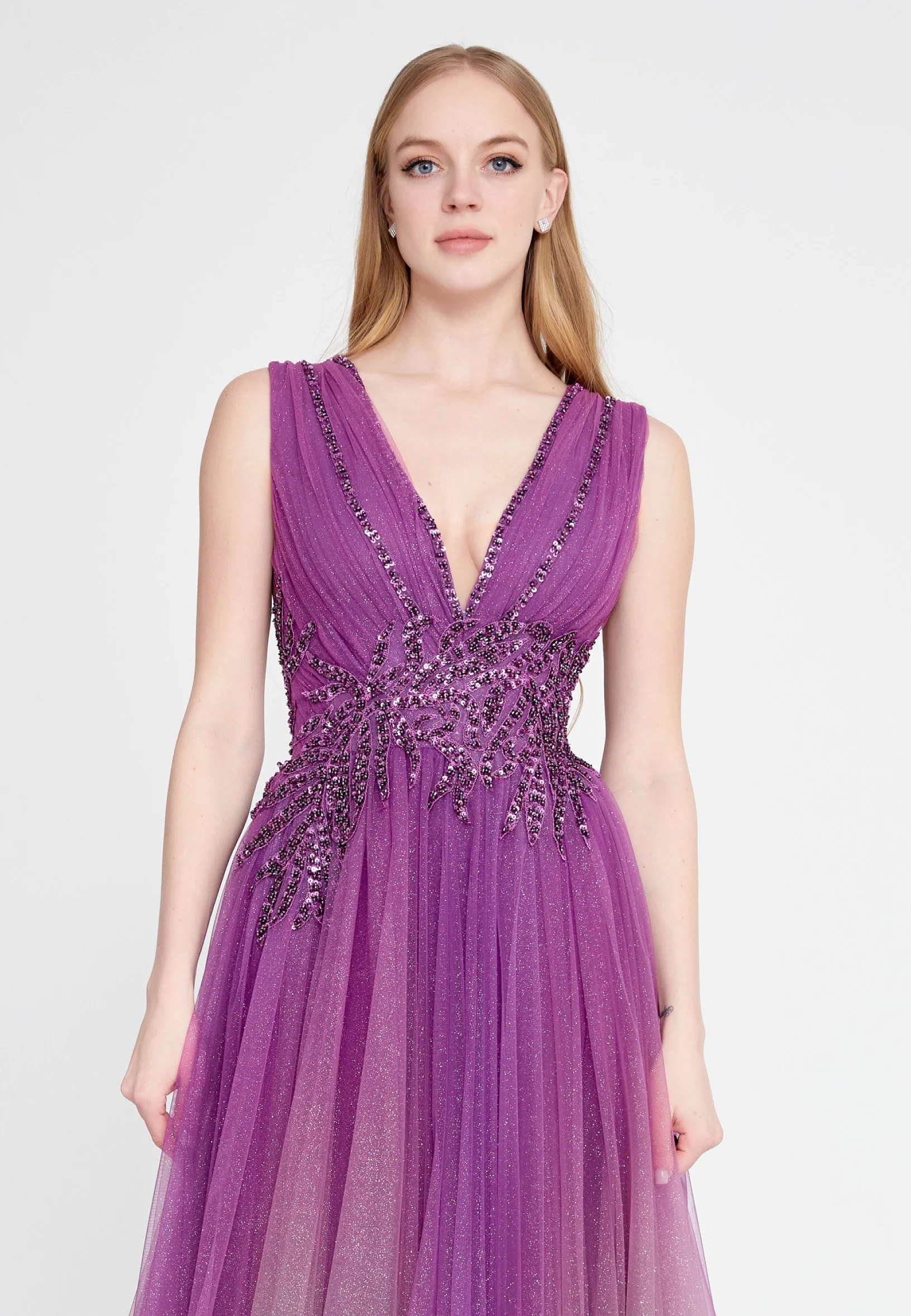Sleeveless Maxi Tulle Column Regular Prom Dress omn658 - Image 9