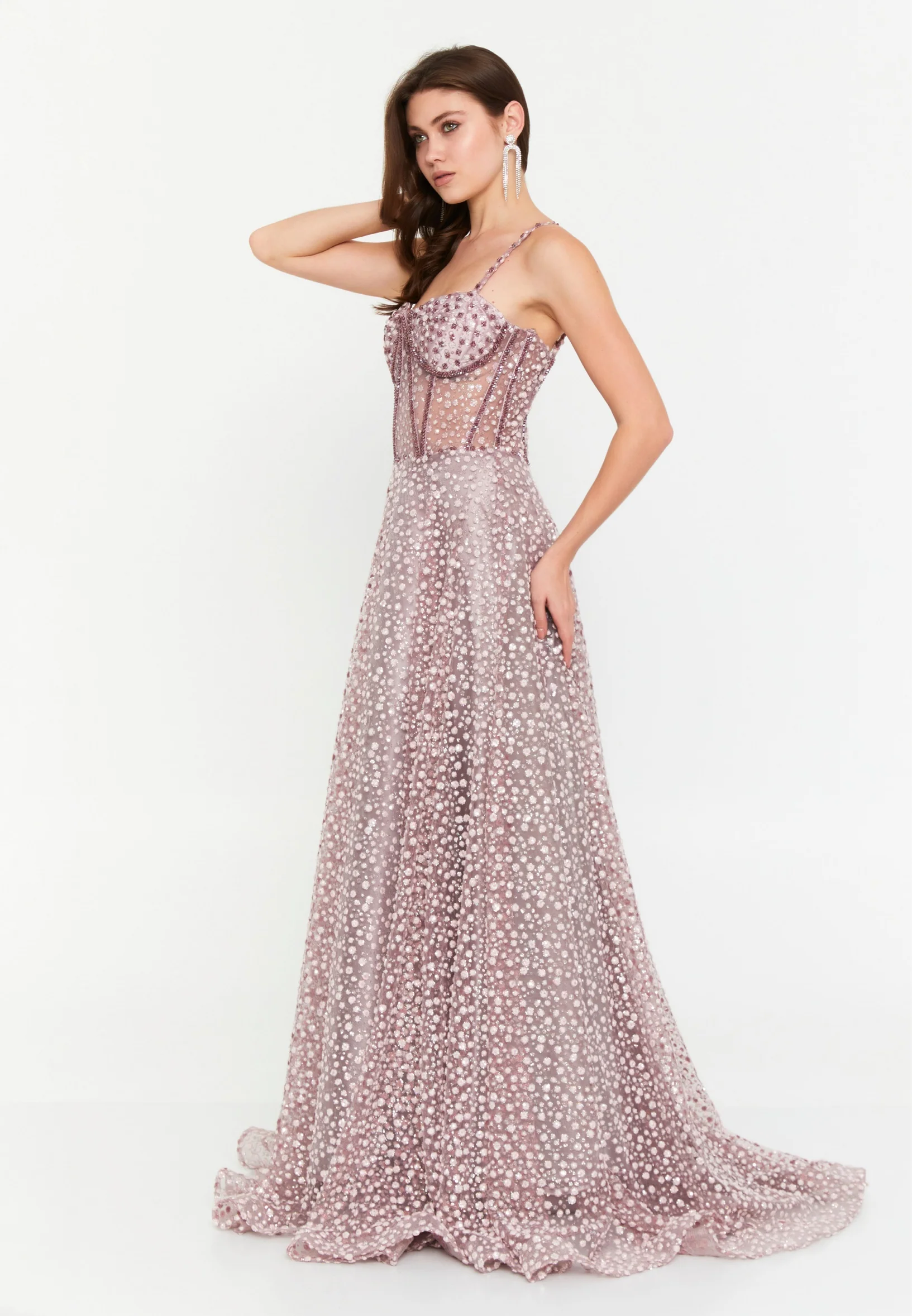 Sleeveless Maxi Tulle Column Regular Wedding Guest Dress aln1695 - Image 11