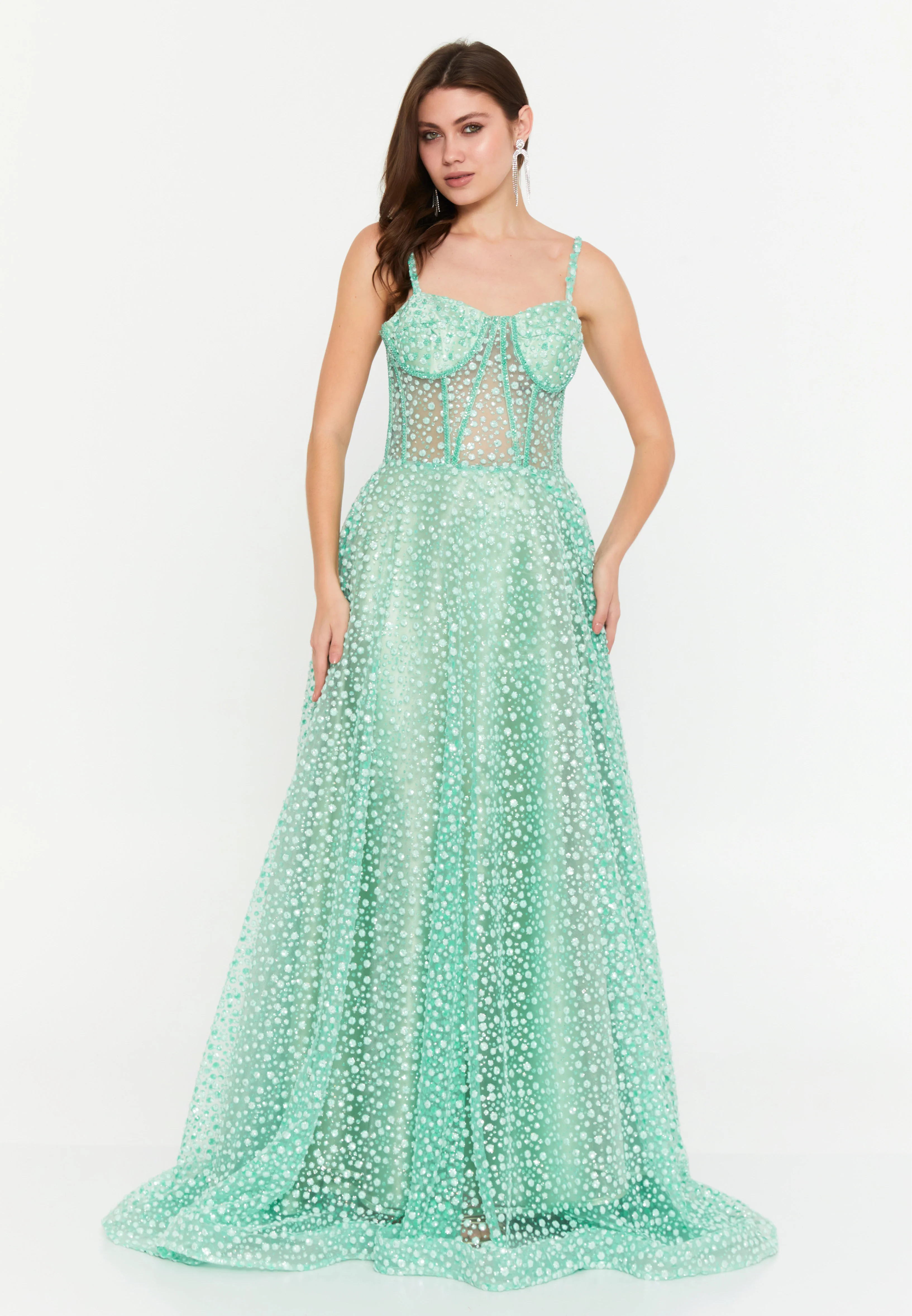Sleeveless Maxi Tulle Column Regular Wedding Guest Dress aln1695 - Image 13
