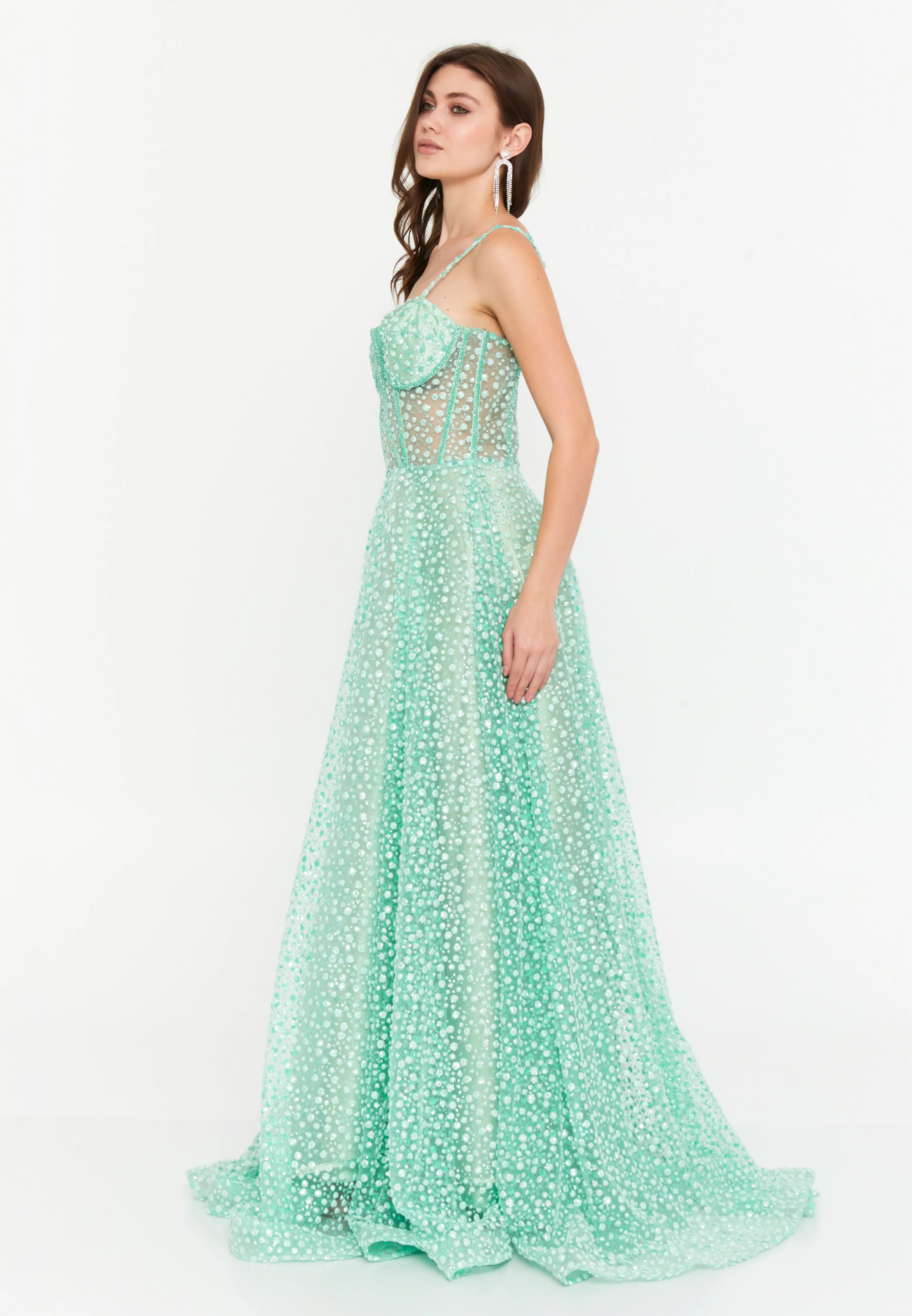 Sleeveless Maxi Tulle Column Regular Wedding Guest Dress aln1695 - Image 15