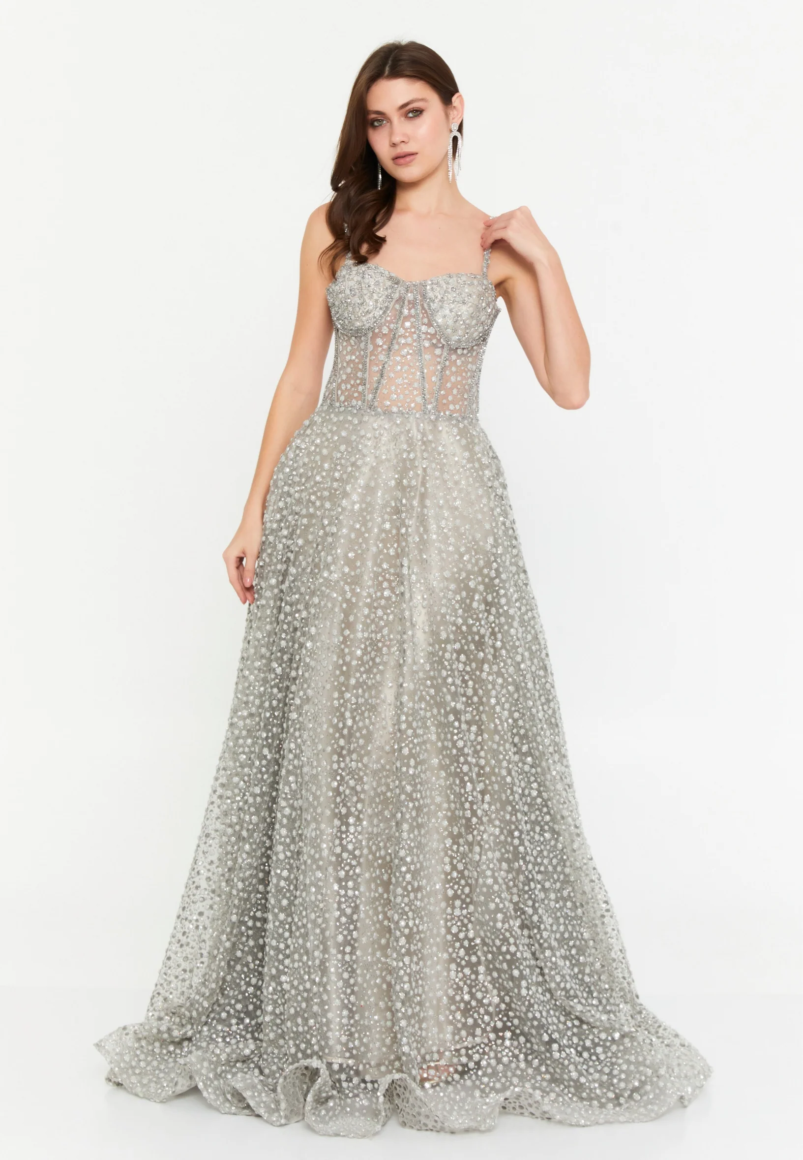 Sleeveless Maxi Tulle Column Regular Wedding Guest Dress aln1695 - Image 5