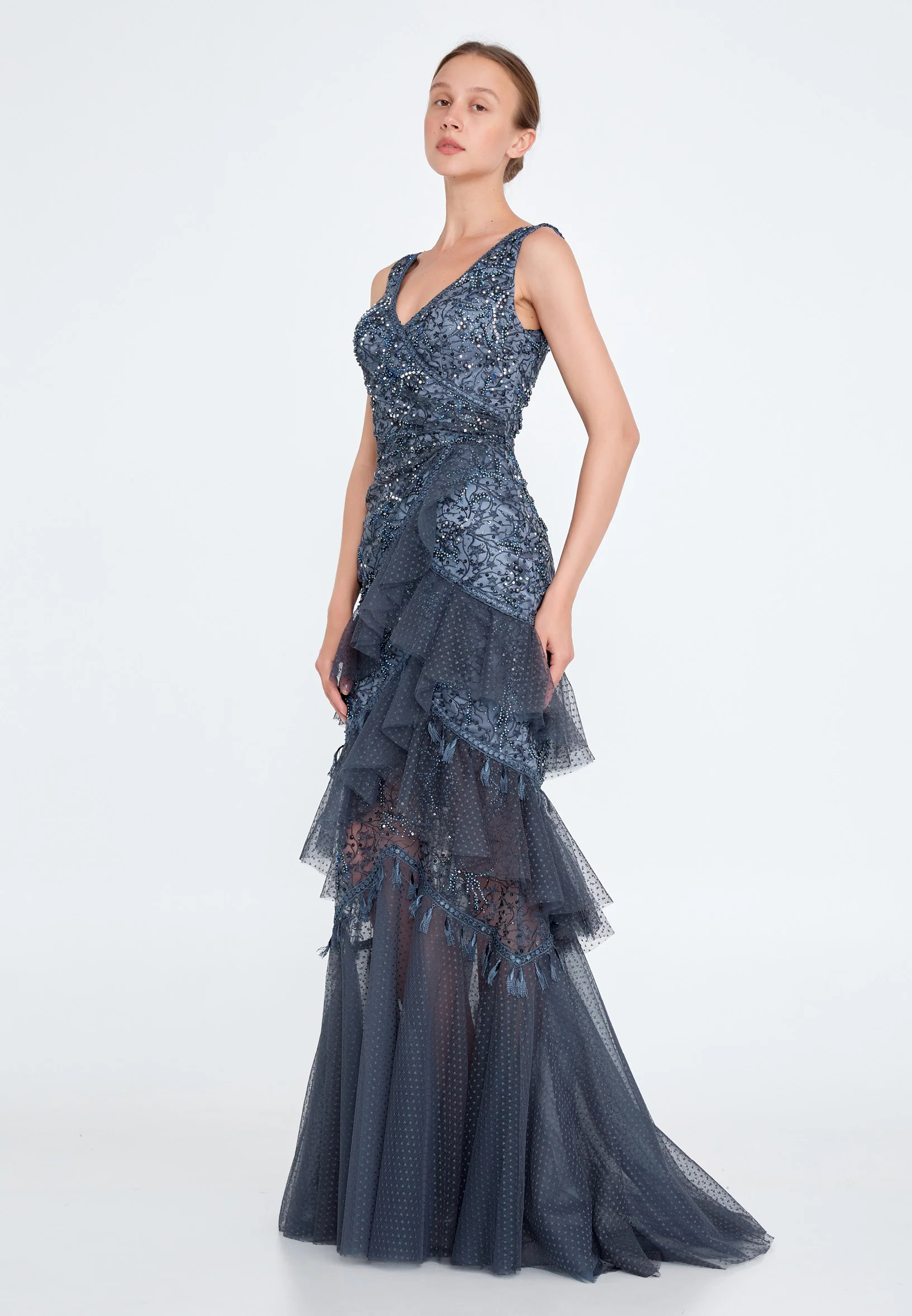 Sleeveless Maxi Tulle Column Regular Wedding Guest Dress knz3104 - Image 15