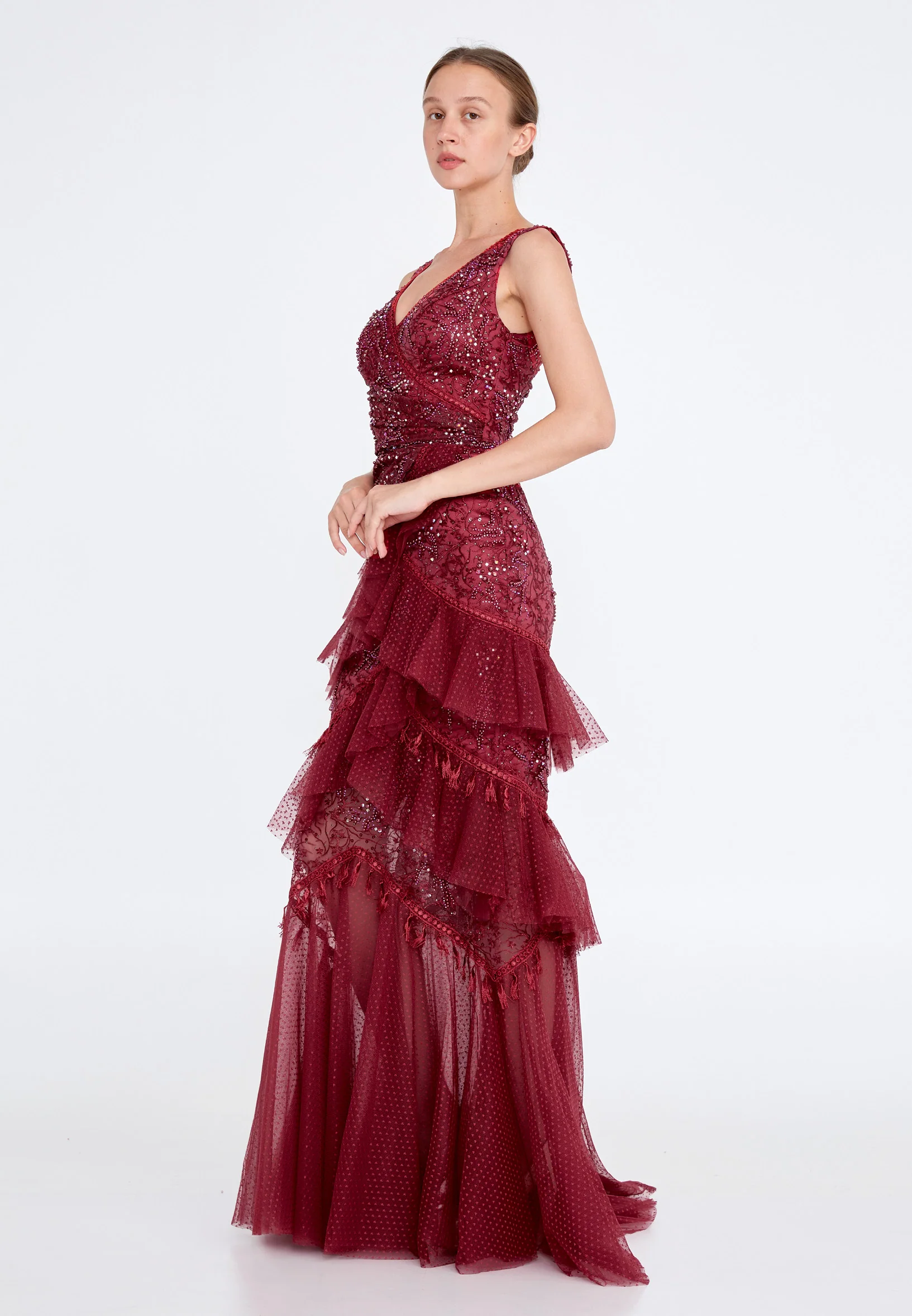 Sleeveless Maxi Tulle Column Regular Wedding Guest Dress knz3104 - Image 7