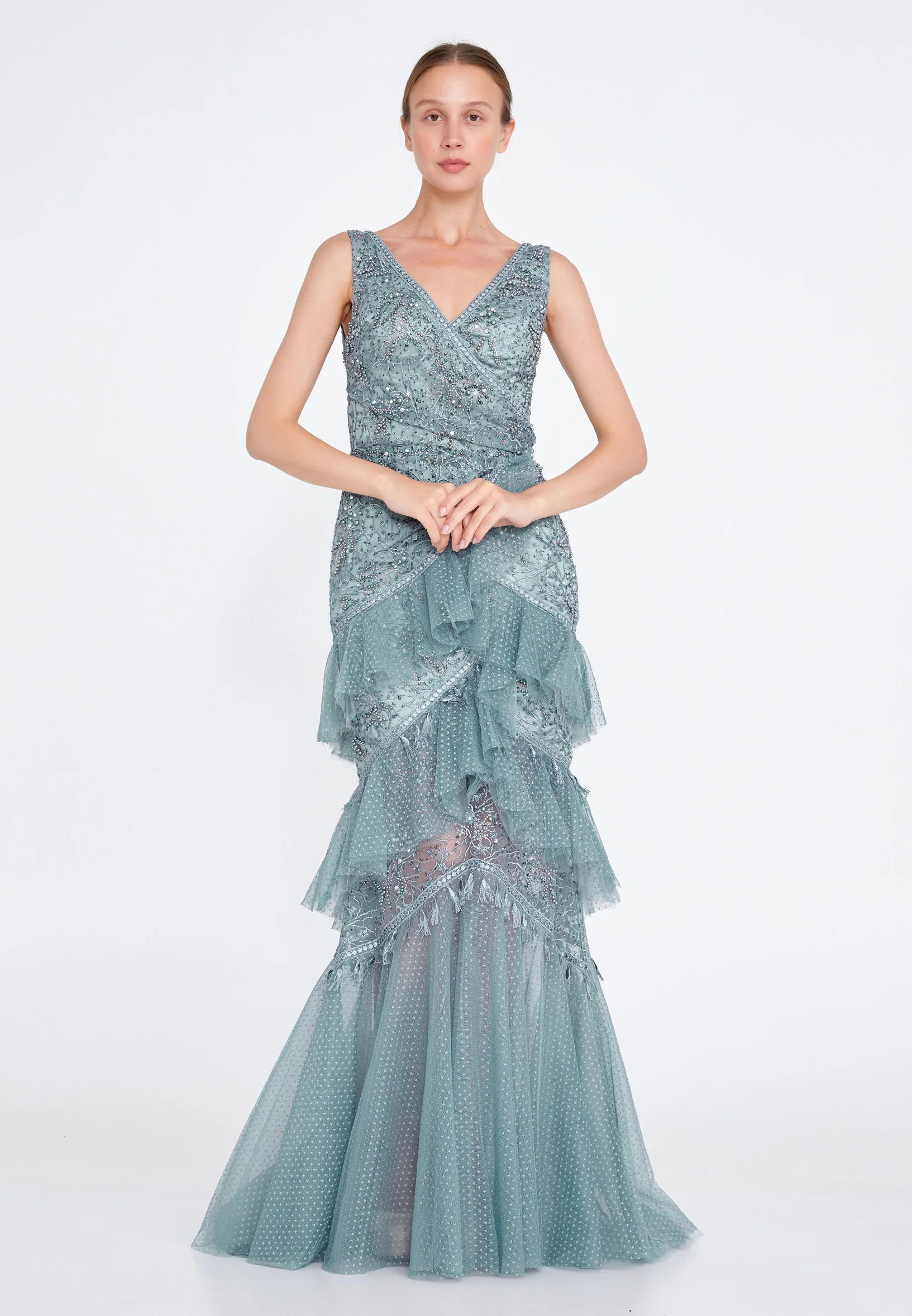 Sleeveless Maxi Tulle Column Regular Wedding Guest Dress knz3104 - Image 9