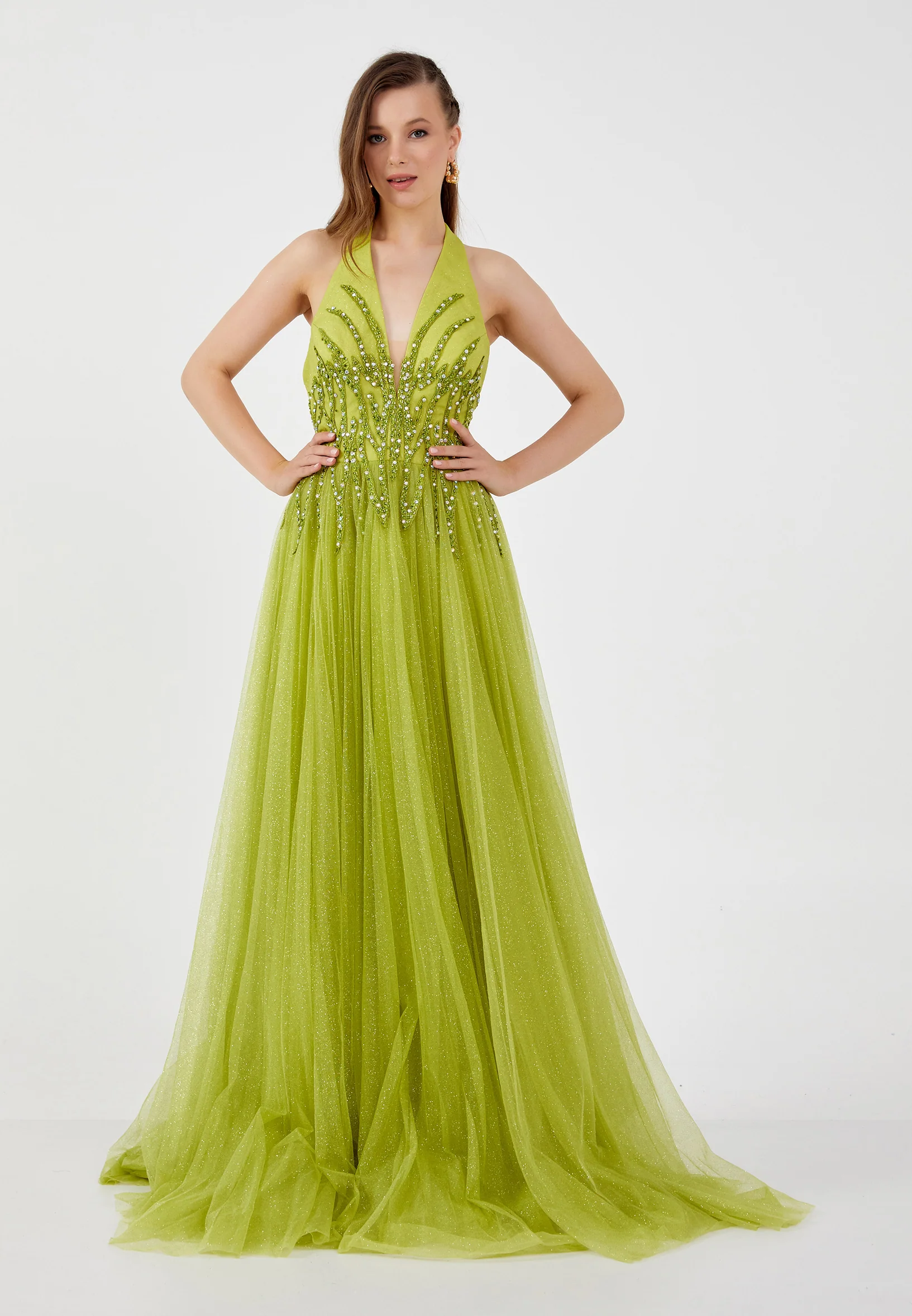 Sleeveless Maxi Tulle Column Regular Wedding Guest Dress omn603 - Image 5
