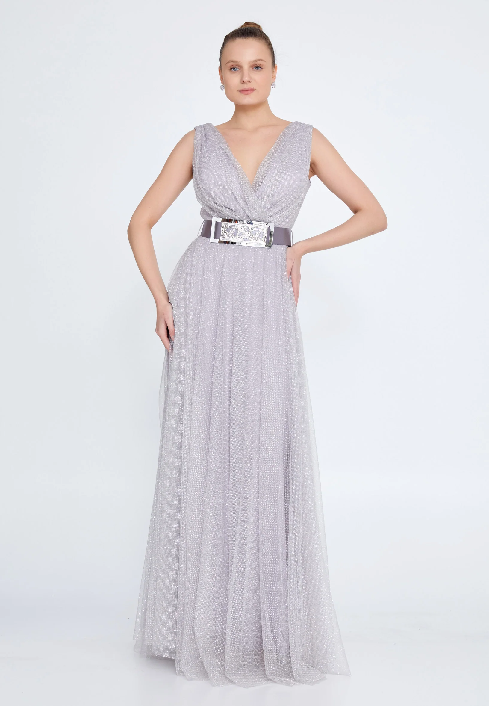 Sleeveless Maxi Tulle Column Regular Wedding Guest Dress srn8333