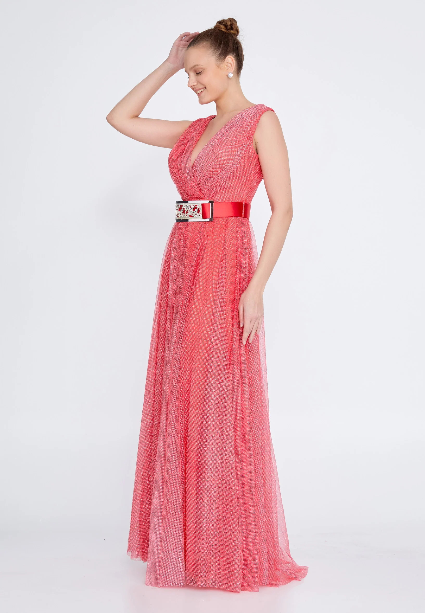 Sleeveless Maxi Tulle Column Regular Wedding Guest Dress srn8333 - Image 11