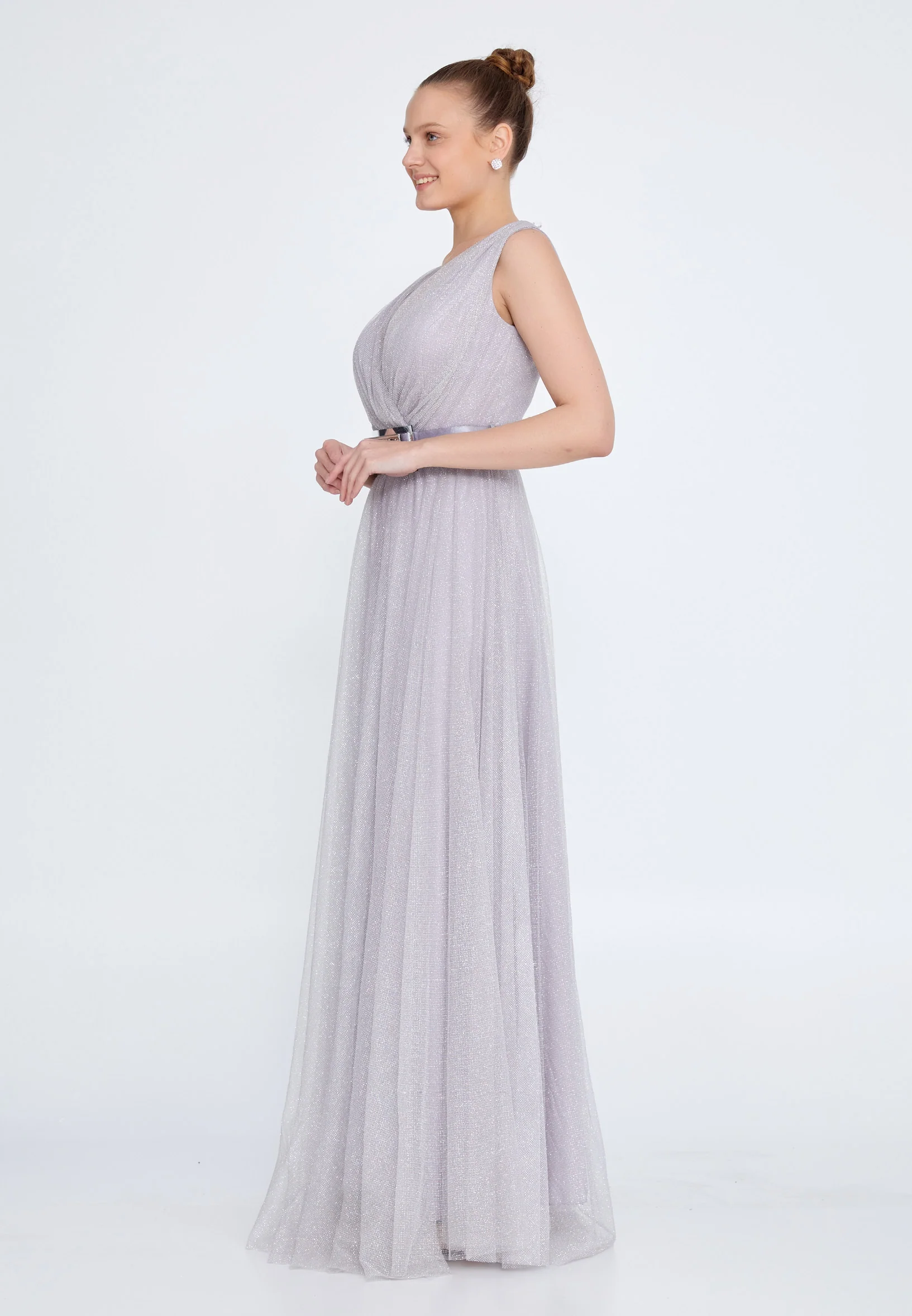 Sleeveless Maxi Tulle Column Regular Wedding Guest Dress srn8333 - Image 3
