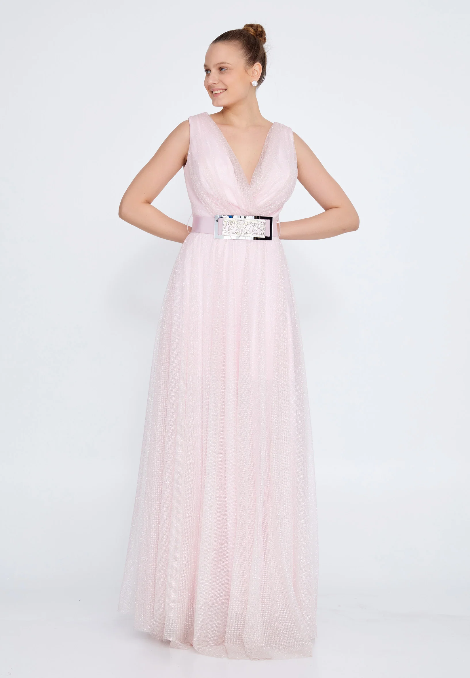 Sleeveless Maxi Tulle Column Regular Wedding Guest Dress srn8333 - Image 5
