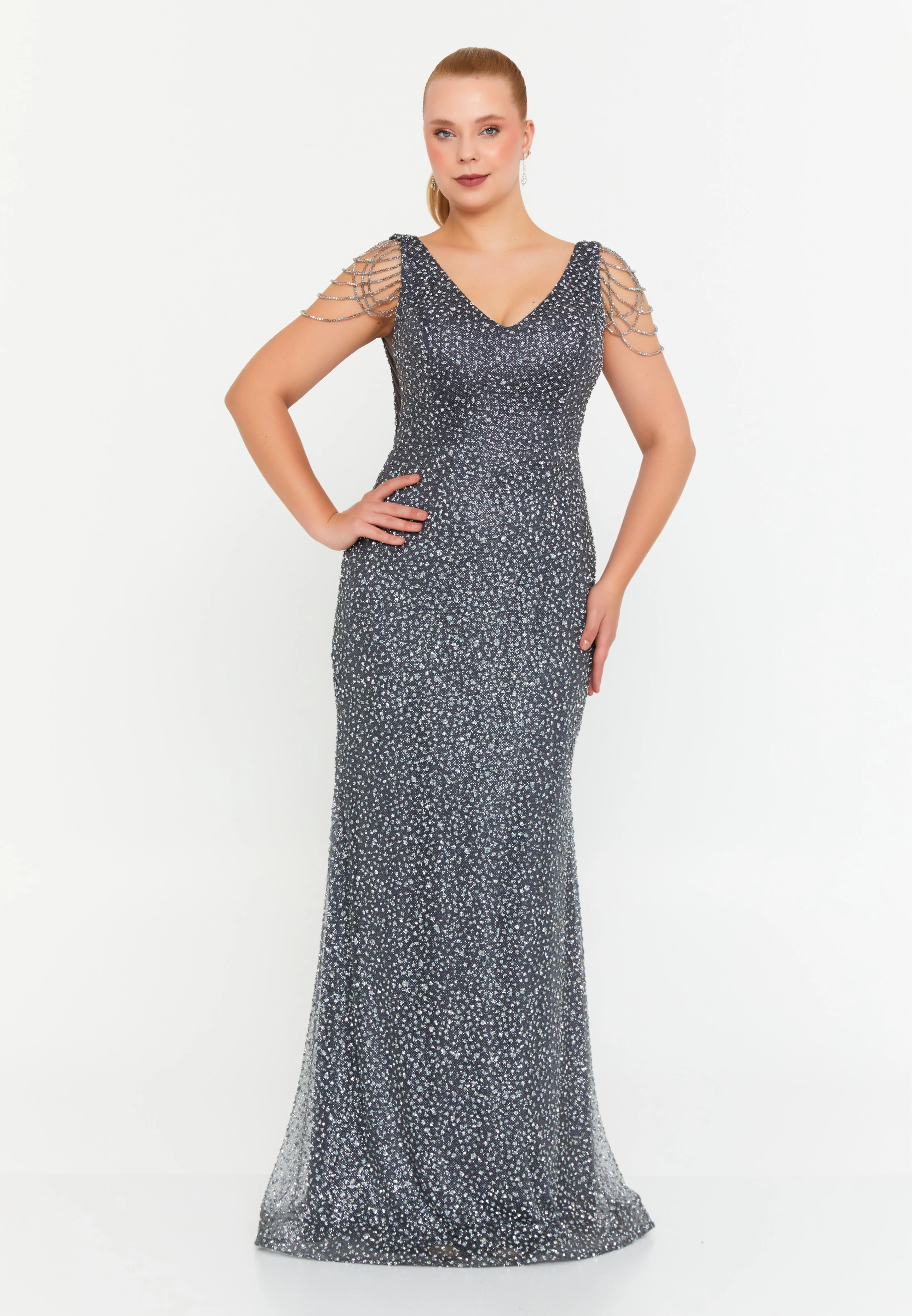 Sleeveless Maxi Tulle Mermaid Plus Size Wedding Guest Dress aln01709