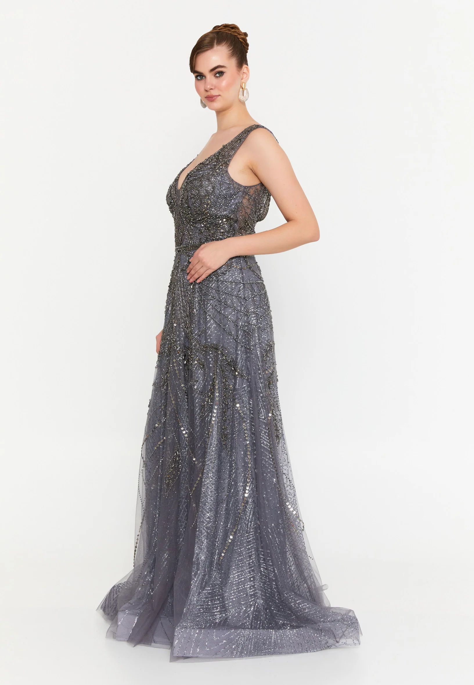 Sleeveless Maxi Tulle Mermaid Regular Prom Dress mti1404 - Image 3