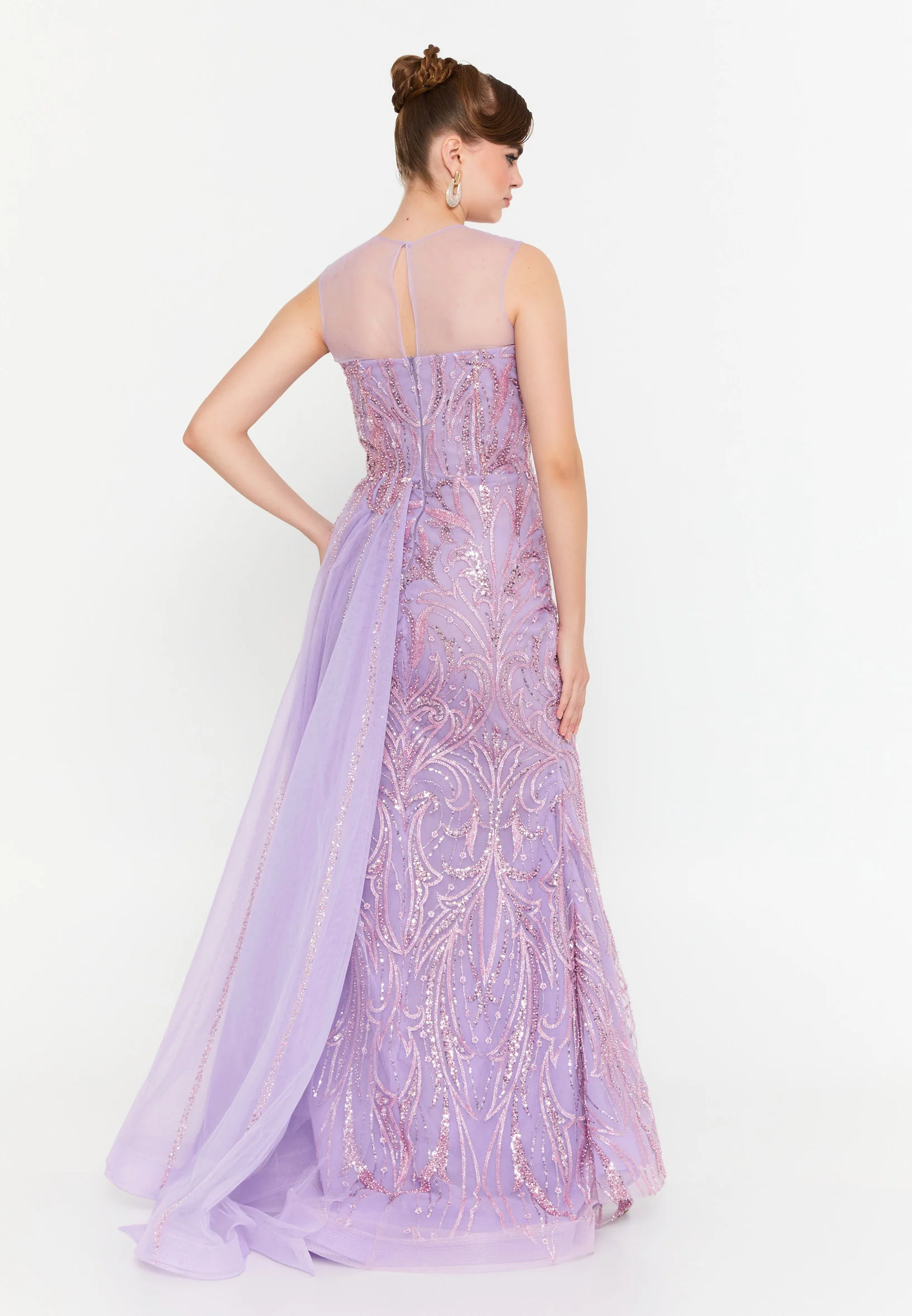 Sleeveless Maxi Tulle Mermaid Regular Prom Dress mtr88212 - Image 10
