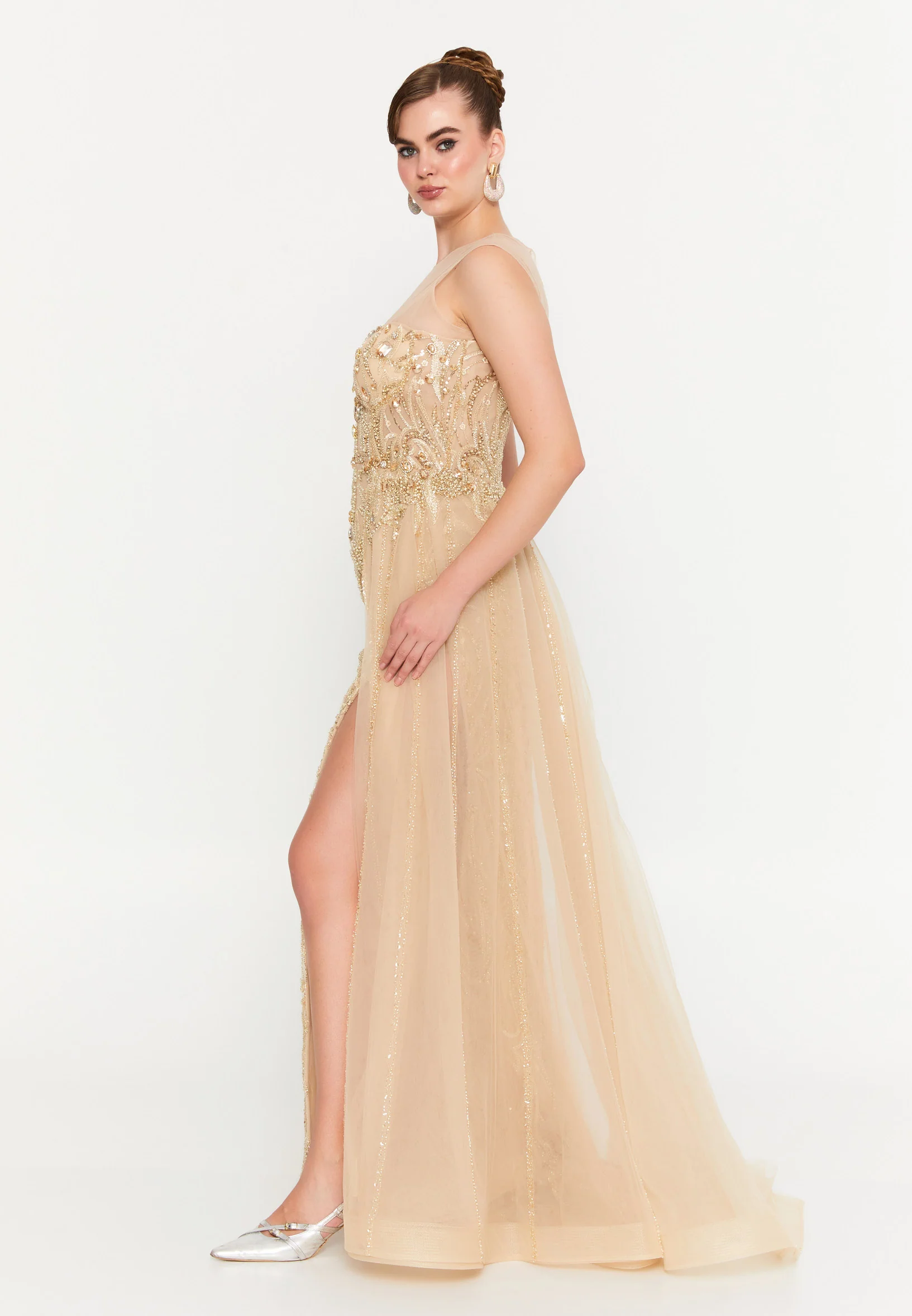 Sleeveless Maxi Tulle Mermaid Regular Prom Dress mtr88212 - Image 3
