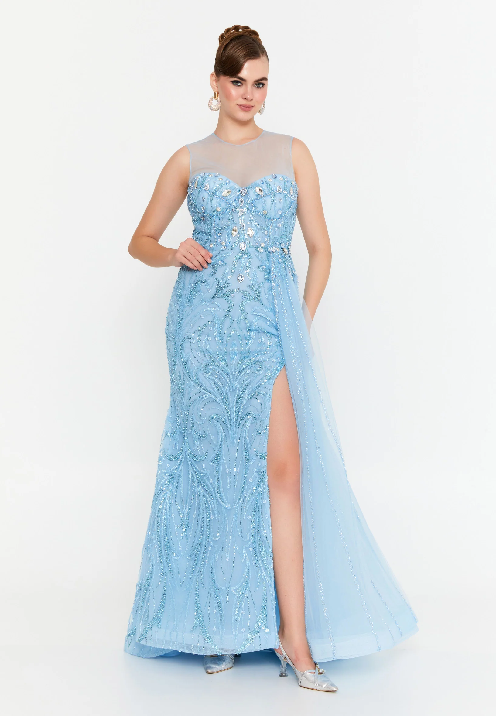 Sleeveless Maxi Tulle Mermaid Regular Prom Dress mtr88212 - Image 5
