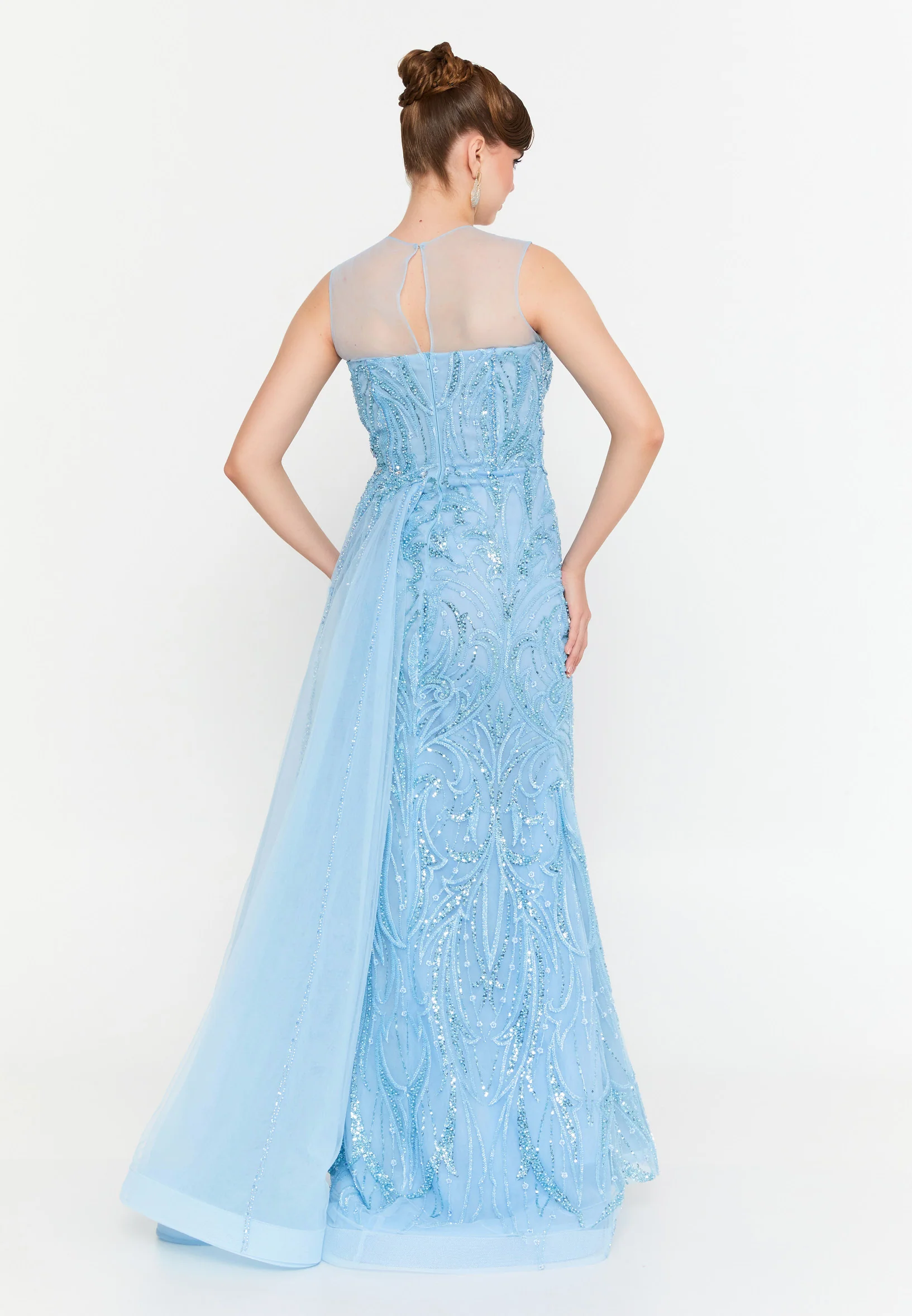 Sleeveless Maxi Tulle Mermaid Regular Prom Dress mtr88212 - Image 6