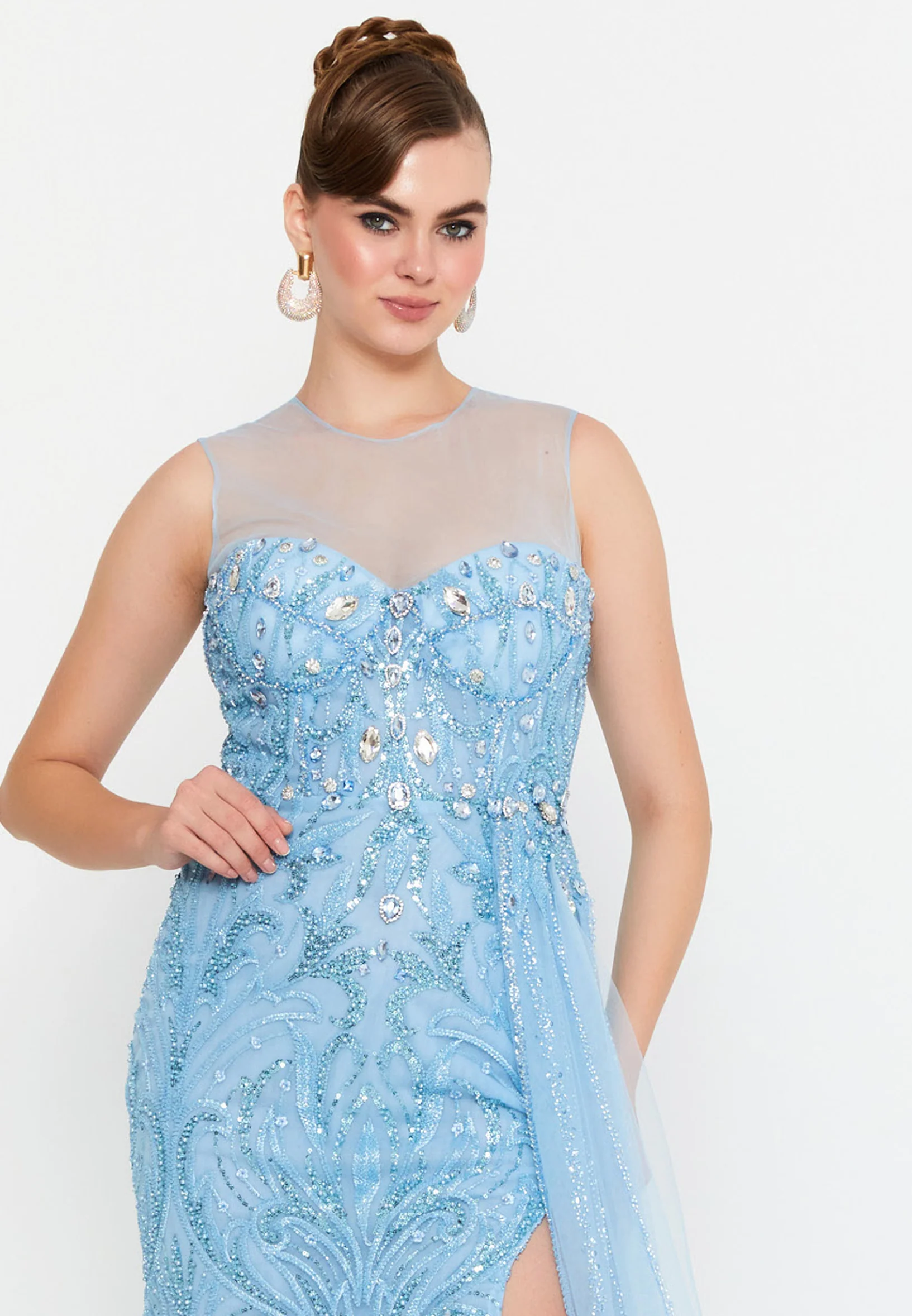 Sleeveless Maxi Tulle Mermaid Regular Prom Dress mtr88212 - Image 8
