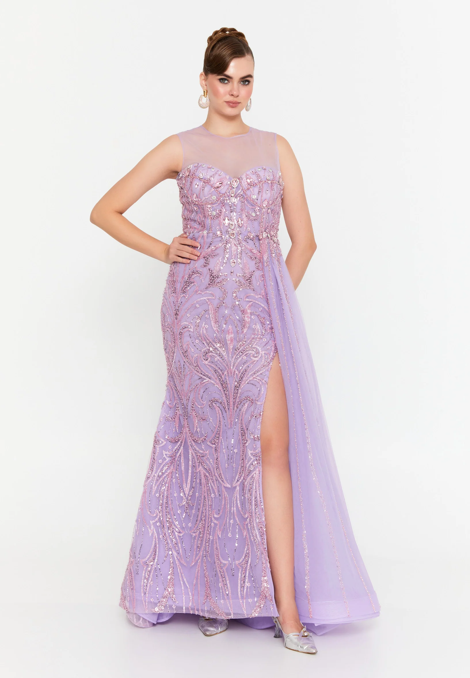 Sleeveless Maxi Tulle Mermaid Regular Prom Dress mtr88212 - Image 9