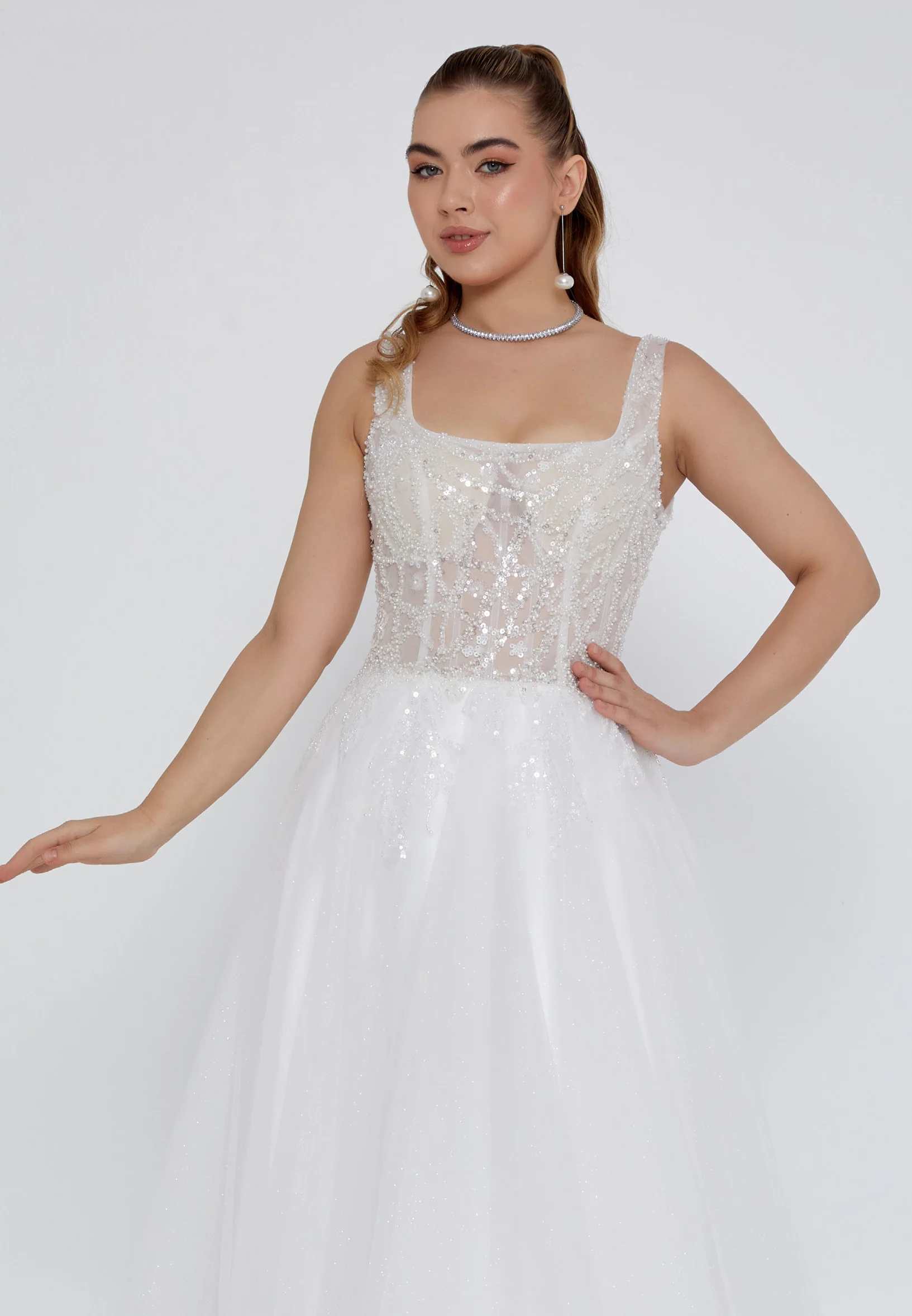 Sleeveless Maxi Tulle Regular Wedding Dress nor2037 - Image 7