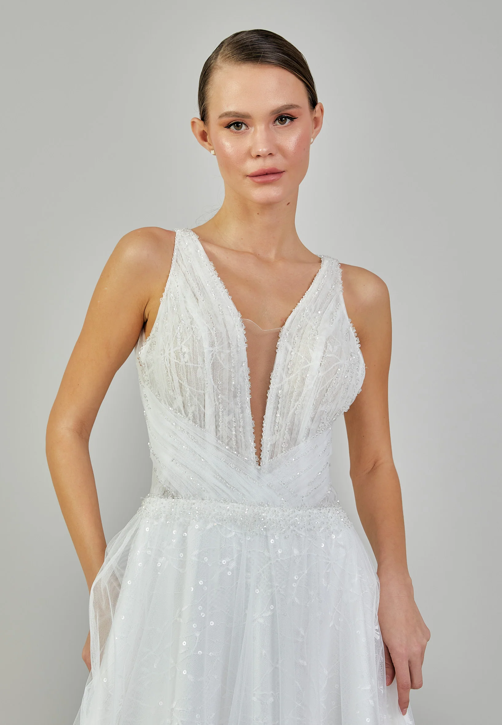 Sleeveless Maxi Tulle Regular Wedding Dress sodmodel-14 - Image 3