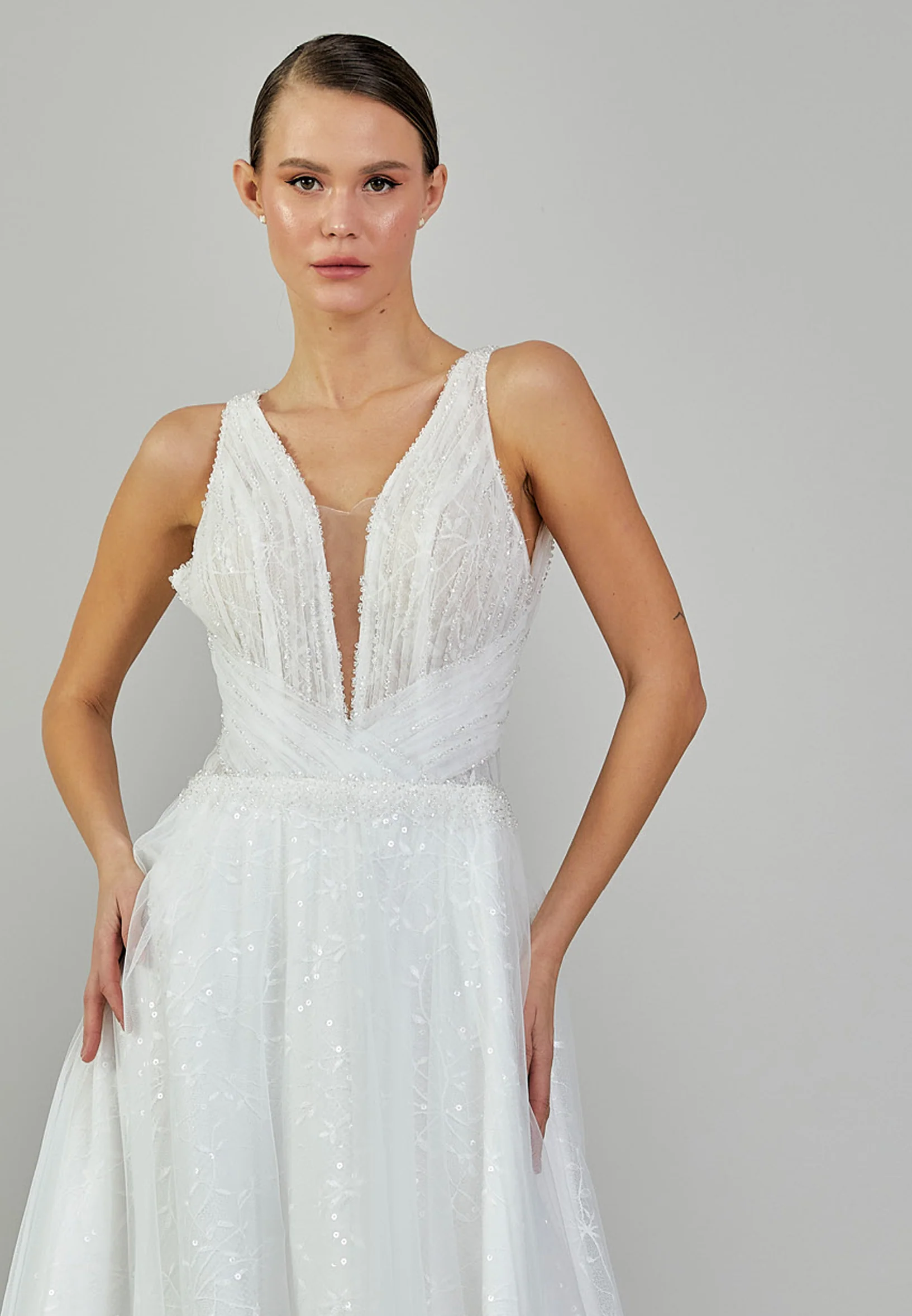 Sleeveless Maxi Tulle Regular Wedding Dress sodmodel-14 - Image 7