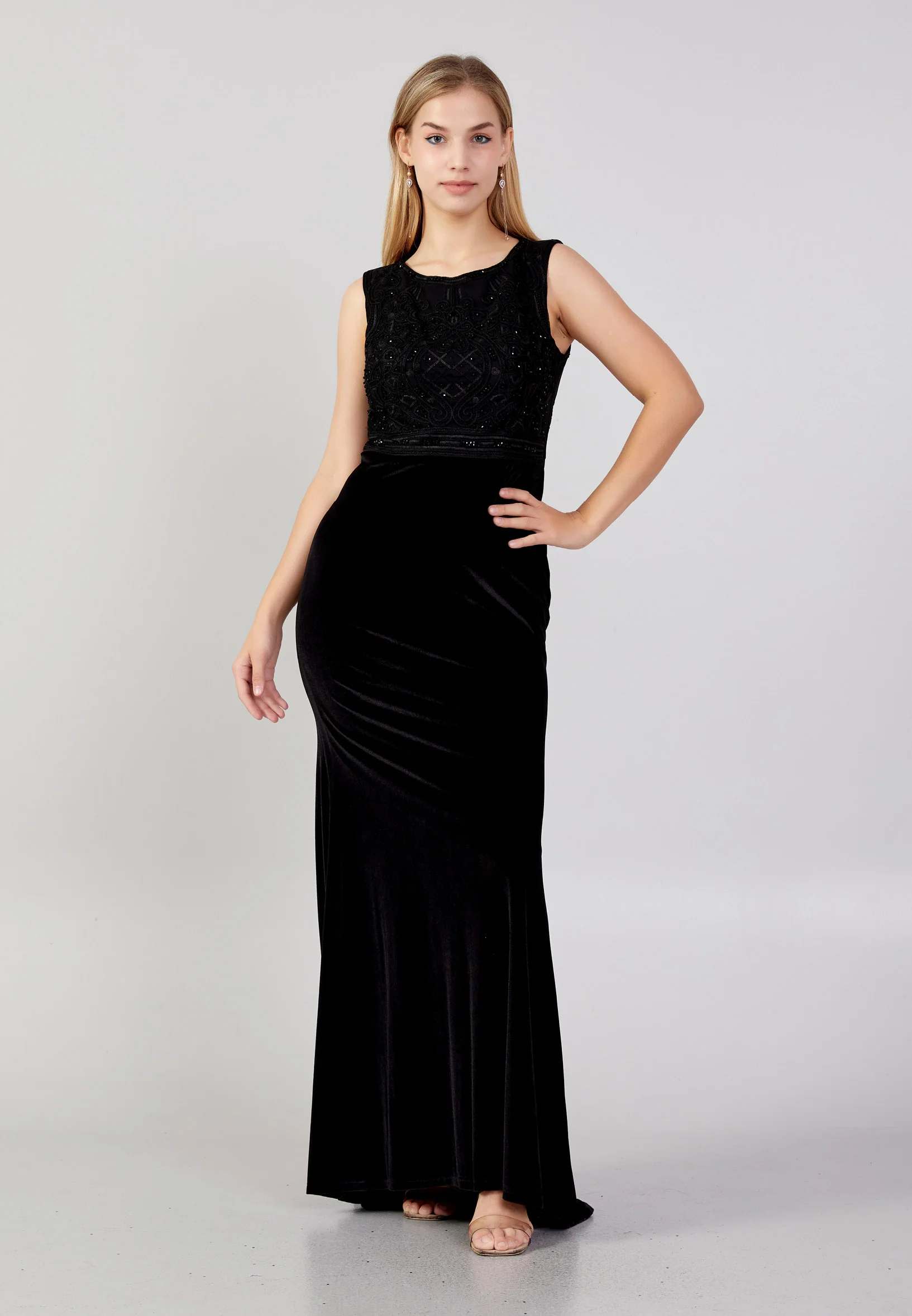 Sleeveless Maxi Velvet Column Plus Size Evening Dress frc4334-b