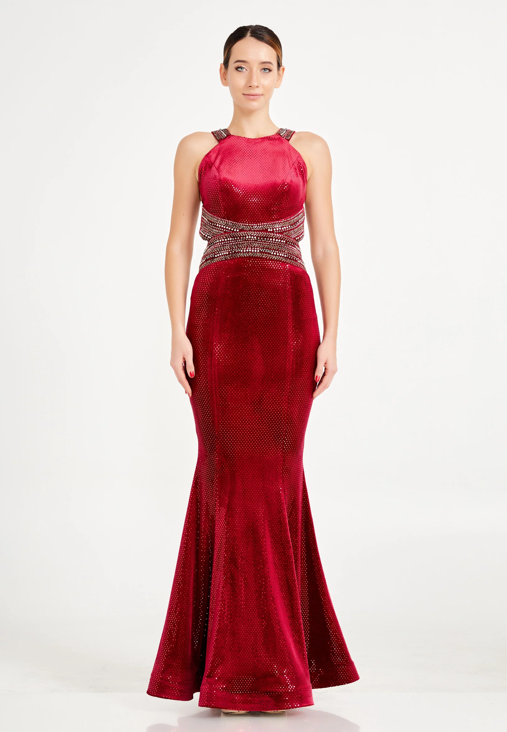 Sleeveless Maxi Velvet Mermaid Regular Prom Dress frc4353