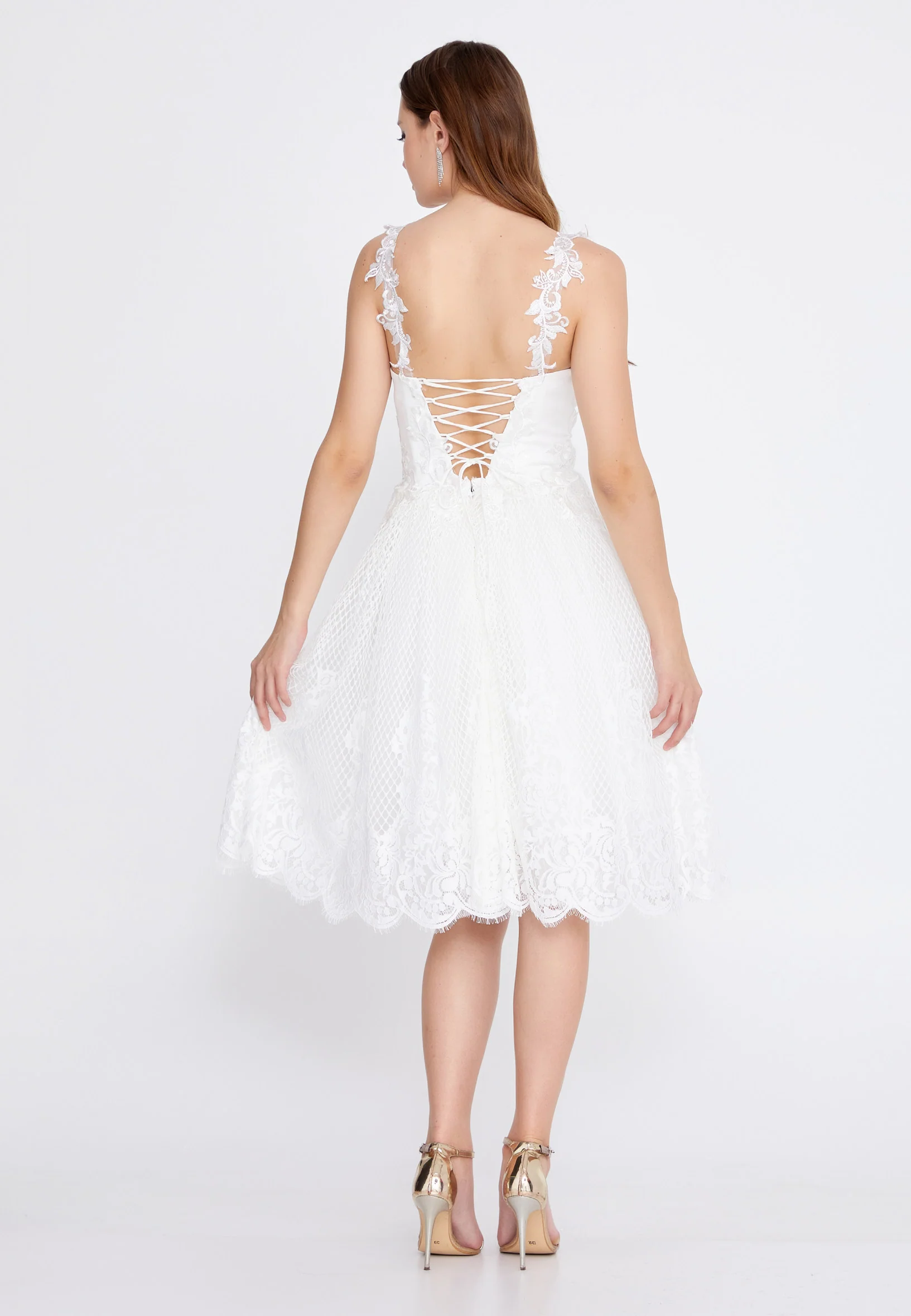 Sleeveless Midi Lace A - Line Regular Wedding Guest Dress omn747 - Image 10