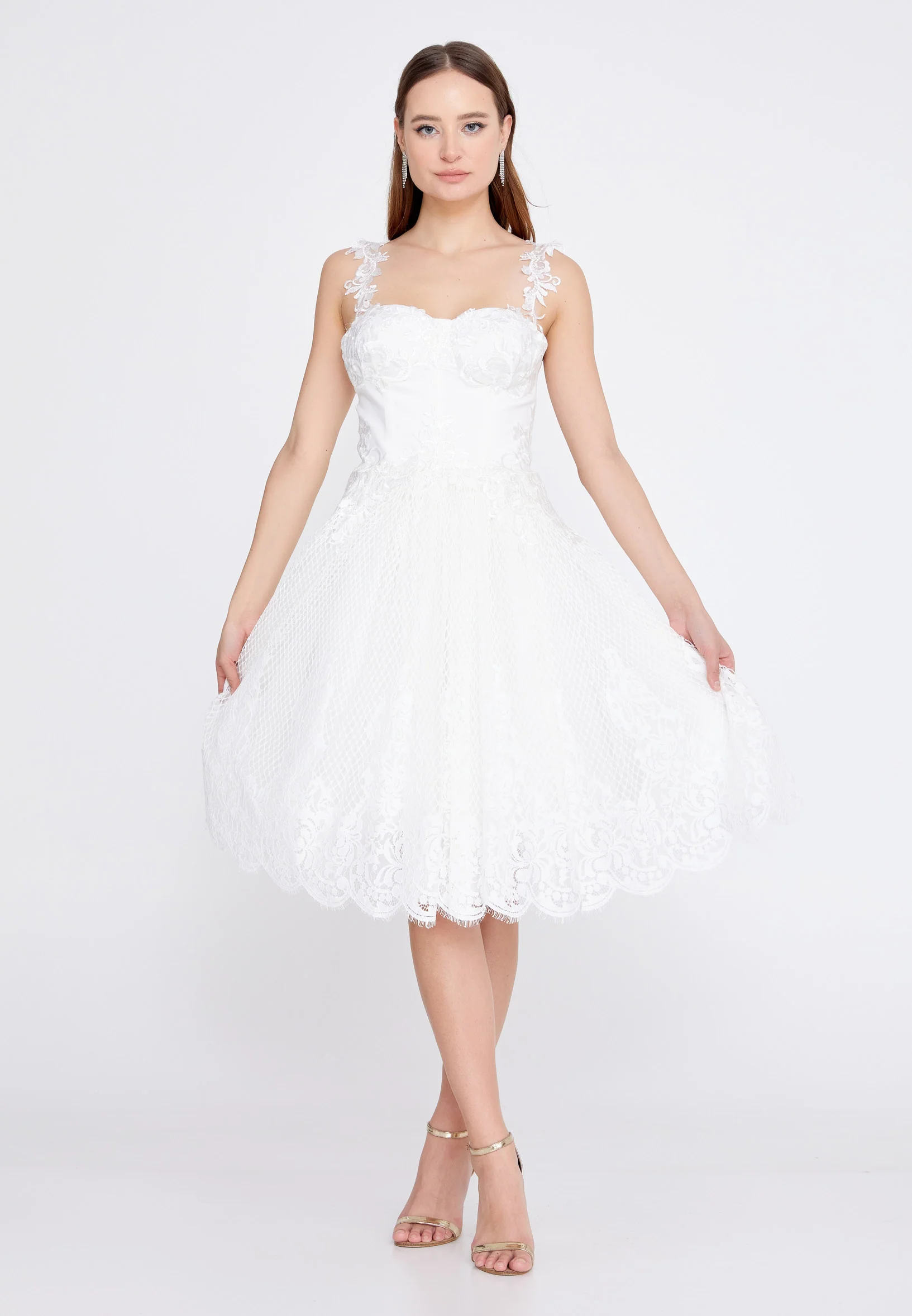 Sleeveless Midi Lace A - Line Regular Wedding Guest Dress omn747 - Image 5