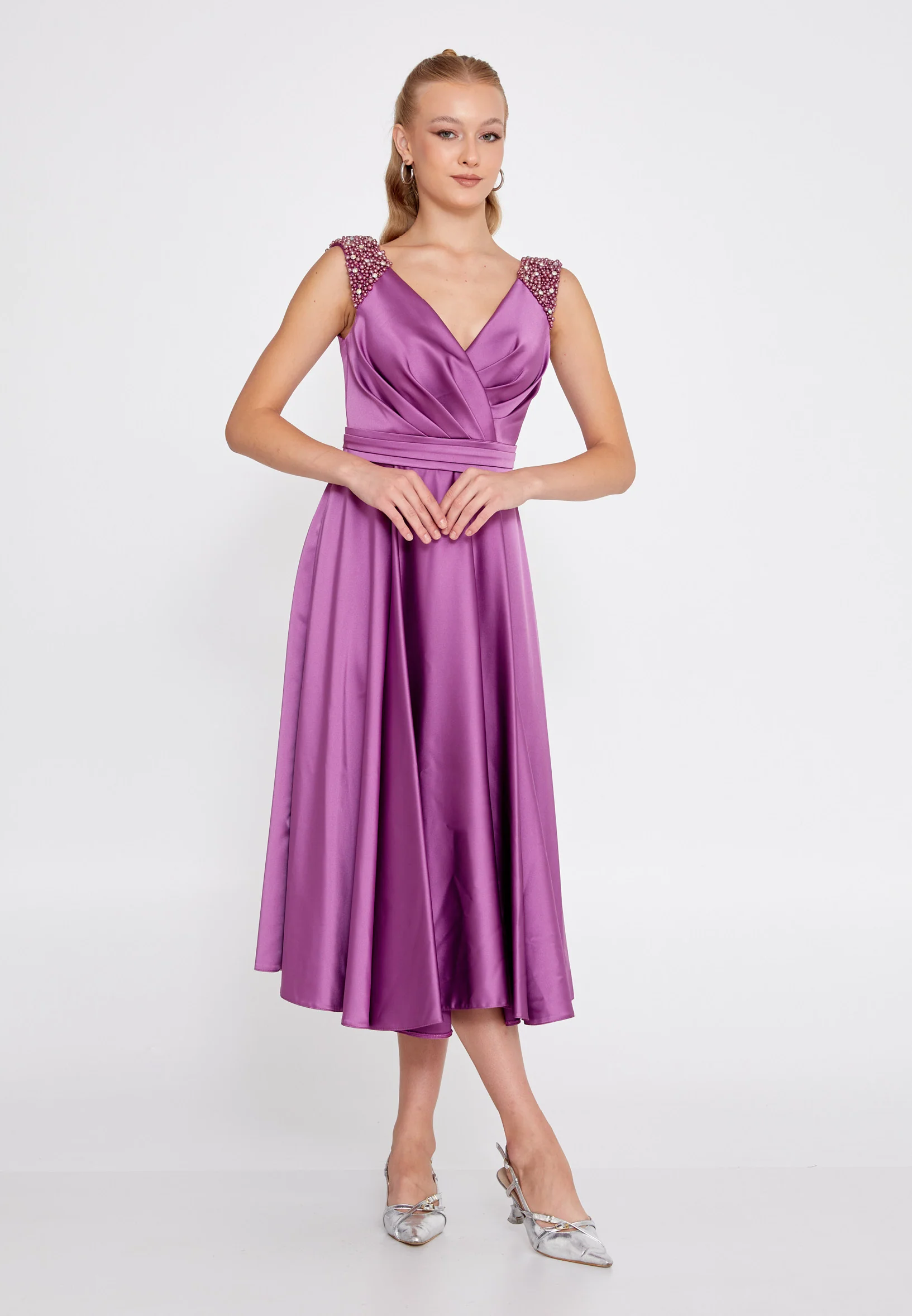 Sleeveless Midi Satin A - Line Regular Prom Dress dkl743-k - Image 5