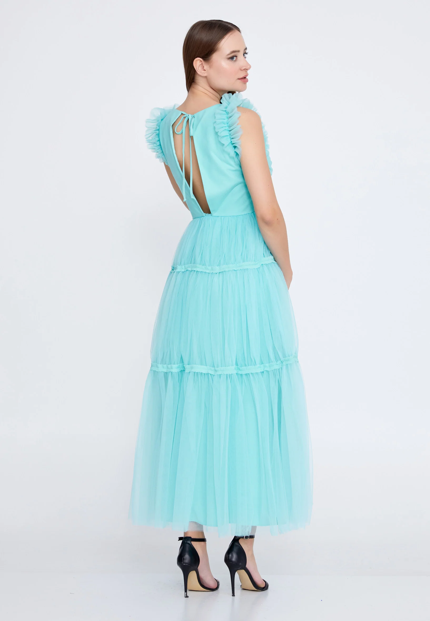 Sleeveless Midi Tulle Column Regular Evening Dress kmy22s40923 - Image 3