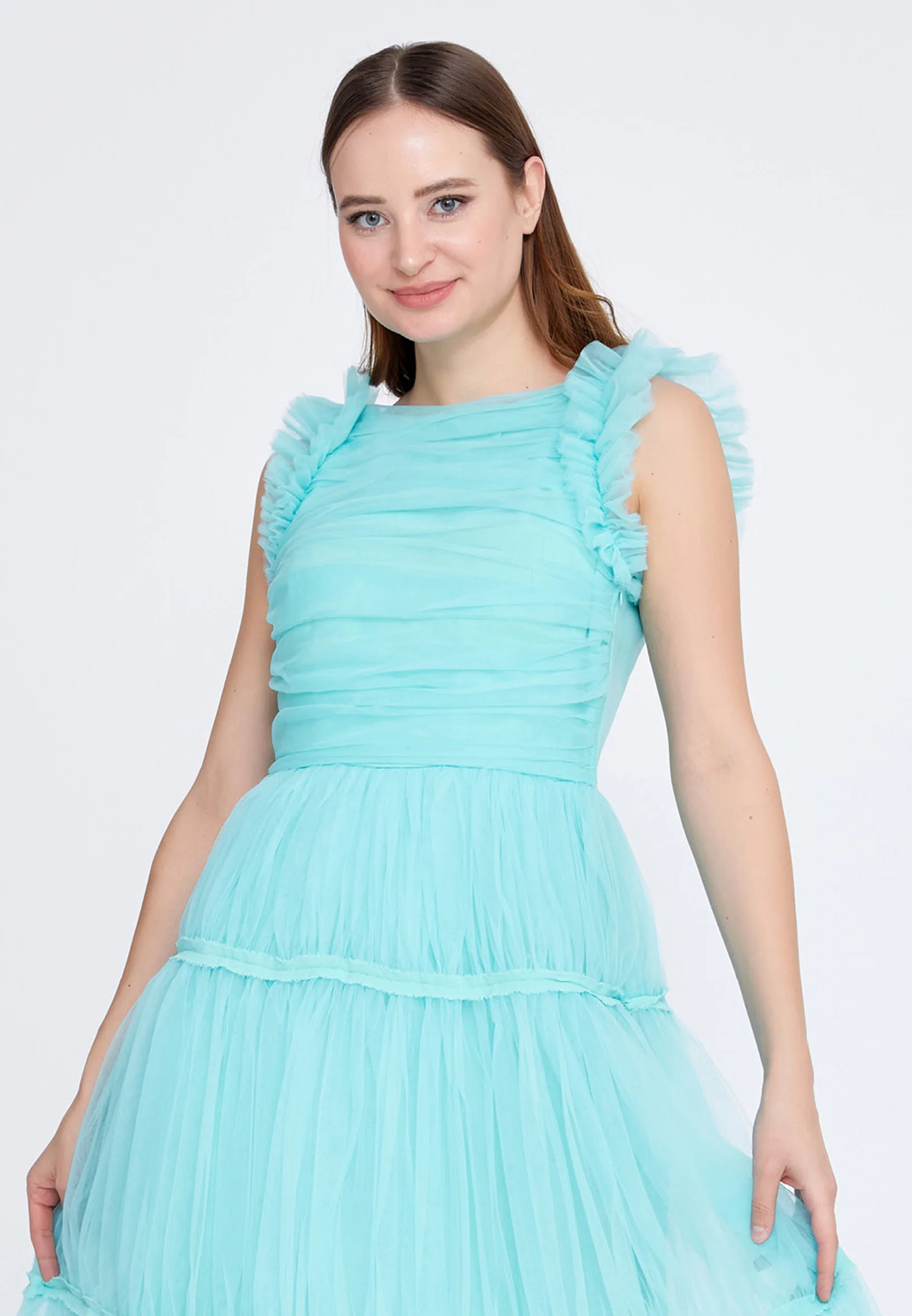 Sleeveless Midi Tulle Column Regular Evening Dress kmy22s40923 - Image 4