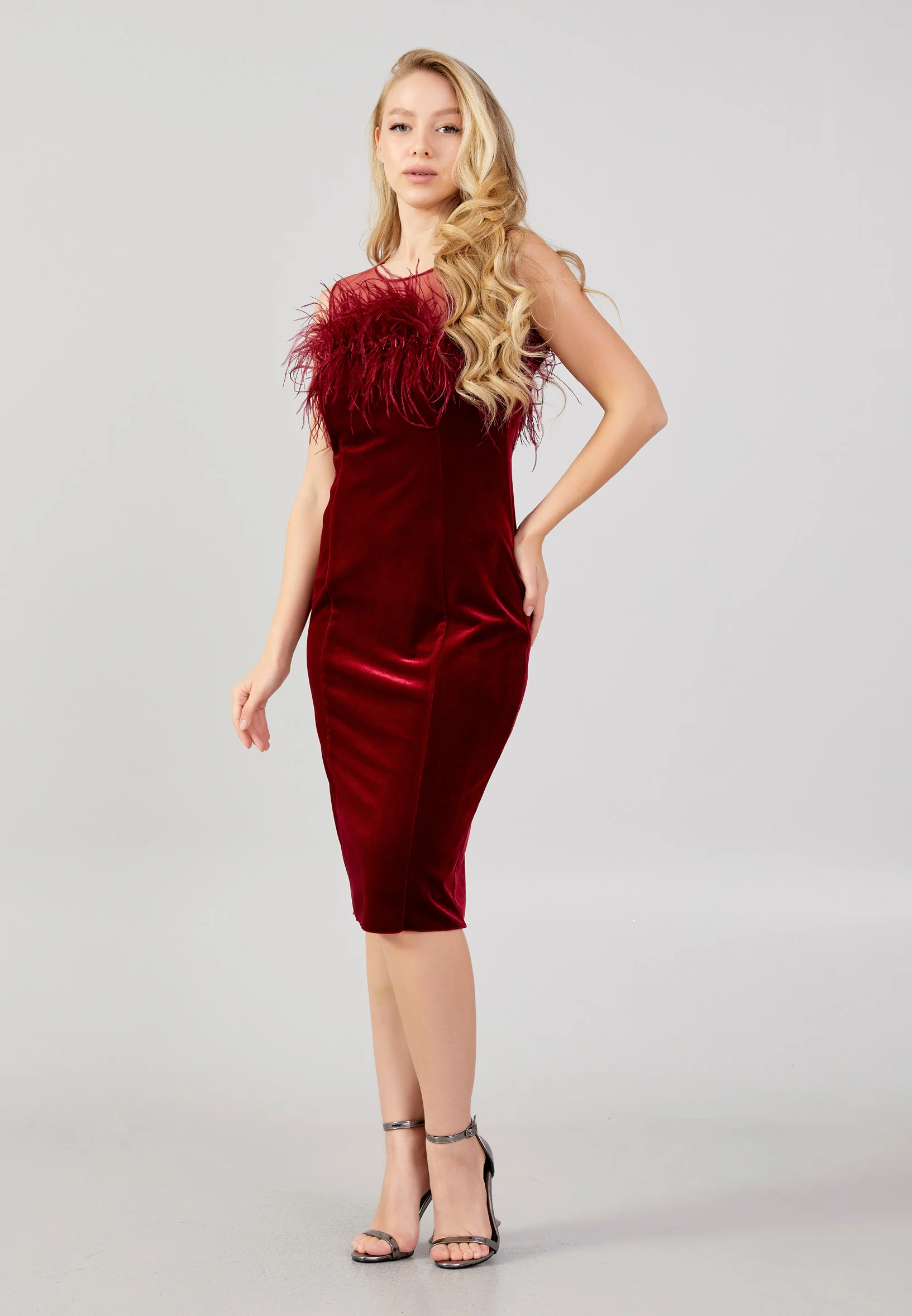 Sleeveless Midi Velvet Column Regular Evening Dress nzn7623
