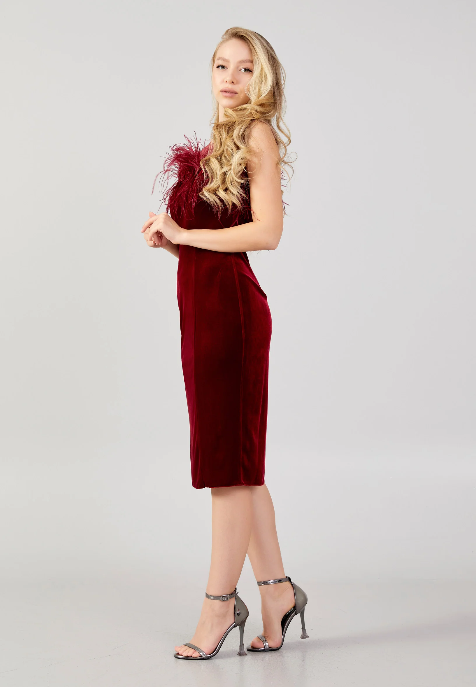 Sleeveless Midi Velvet Column Regular Evening Dress nzn7623 - Image 3