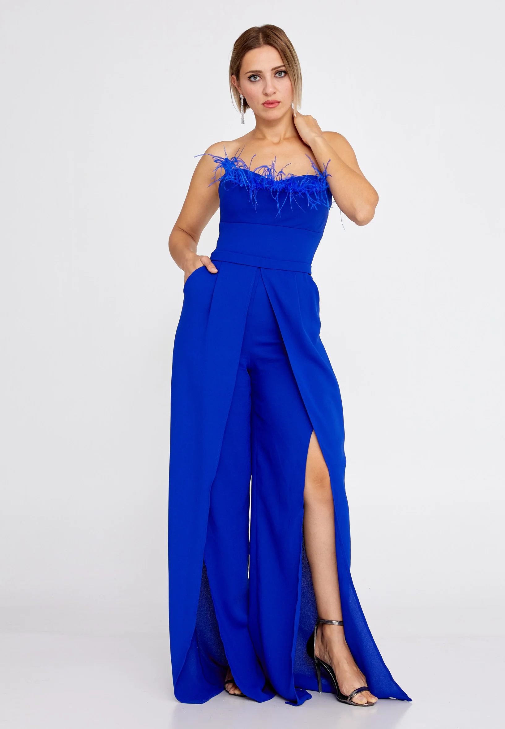 Strapless Crepe Regular Fit Regular Evening Jumpsuit jnm23-304 - Image 5