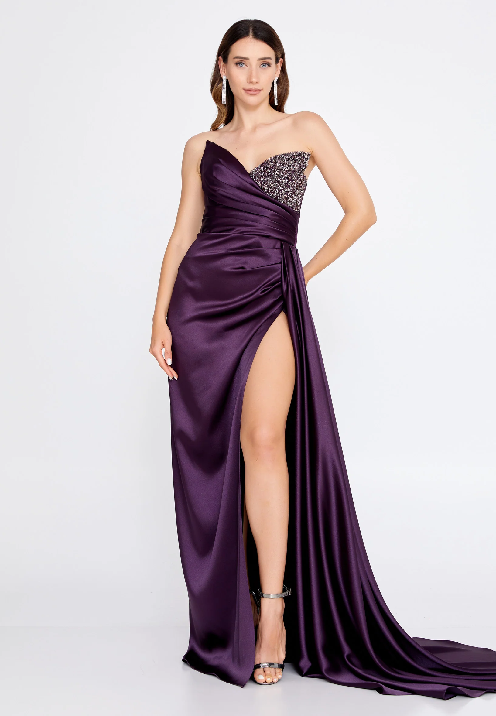 Strapless Maxi Satin Column Regular Wedding Guest Dress aln1502 - Image 23