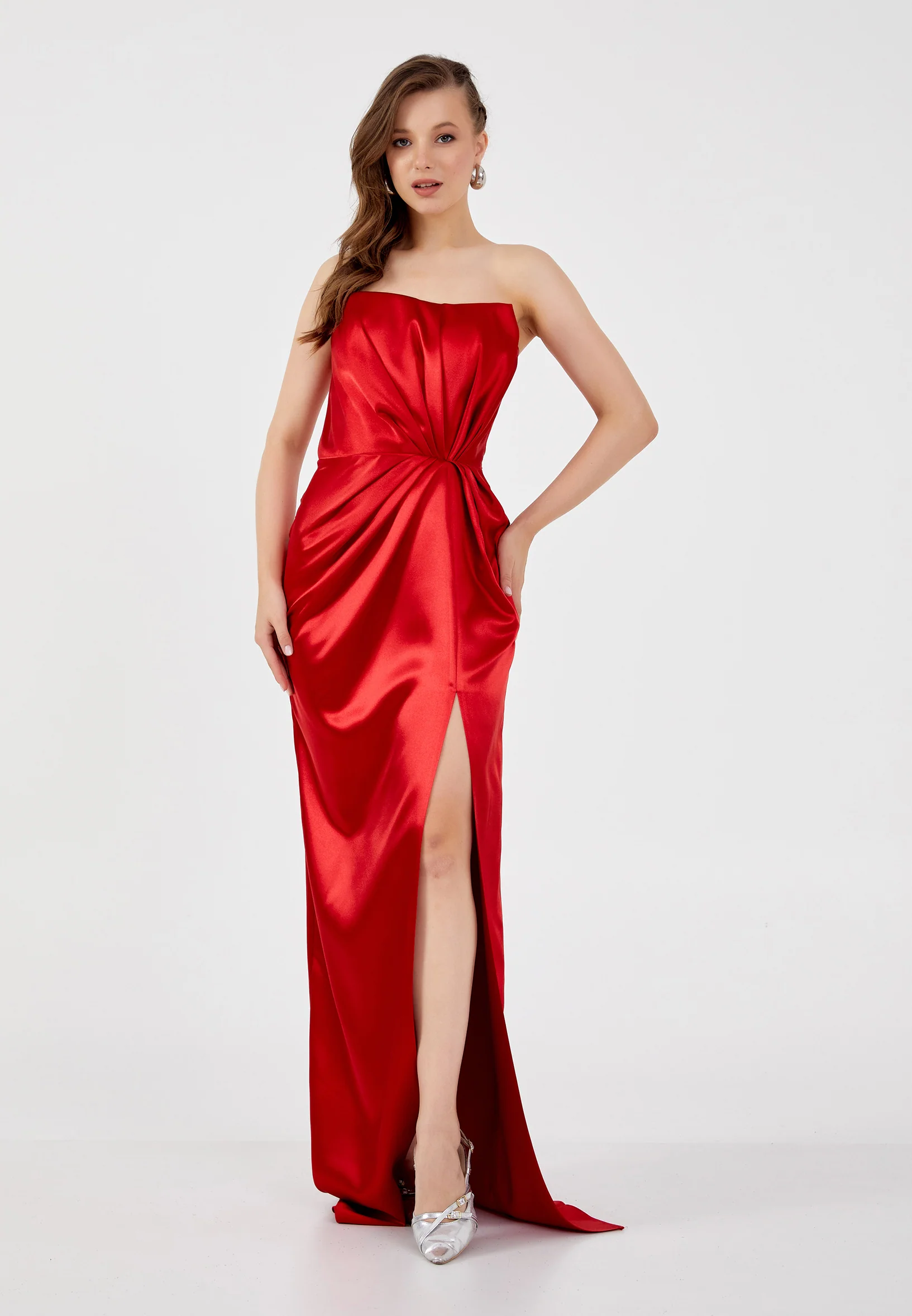 Strapless Maxi Satin Column Regular Wedding Guest Dress aln1606 - Image 13