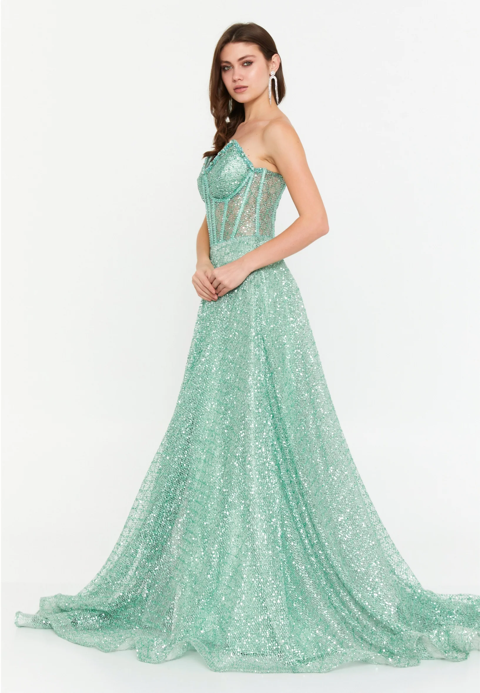 Strapless Maxi Sequin A - Line Regular Prom Dress aln1651 - Image 11