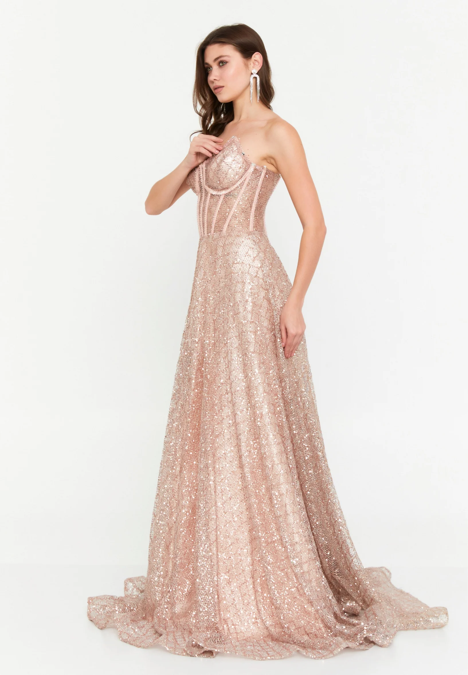 Strapless Maxi Sequin A - Line Regular Prom Dress aln1651 - Image 15