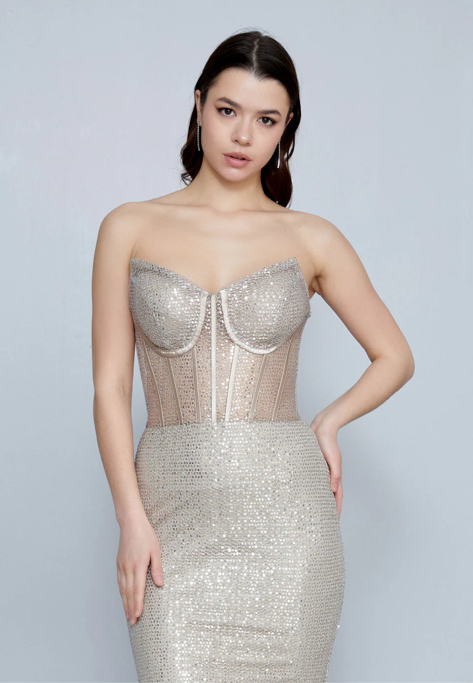 Strapless Maxi Sequin Mermaid Regular Wedding Guest Dress aln1632 - Image 4