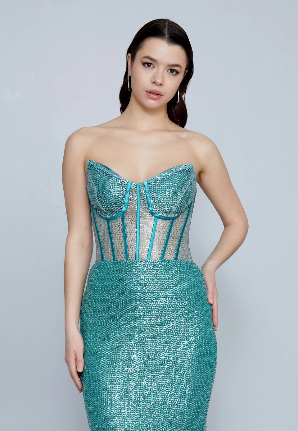 Strapless Maxi Sequin Mermaid Regular Wedding Guest Dress aln1632 - Image 8
