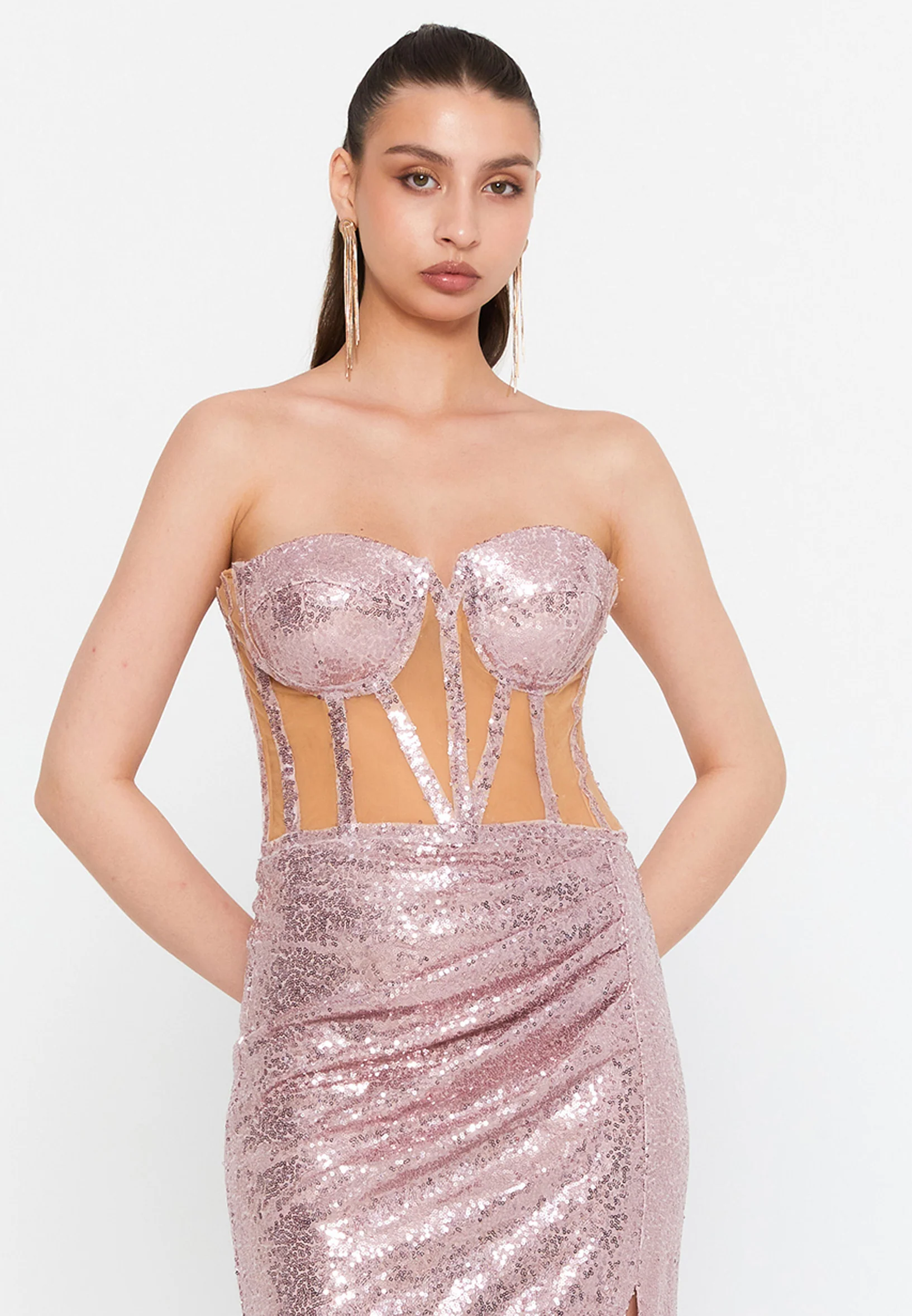 Strapless Maxi Sequin Mermaid Regular Wedding Guest Dress prl162 - Image 5