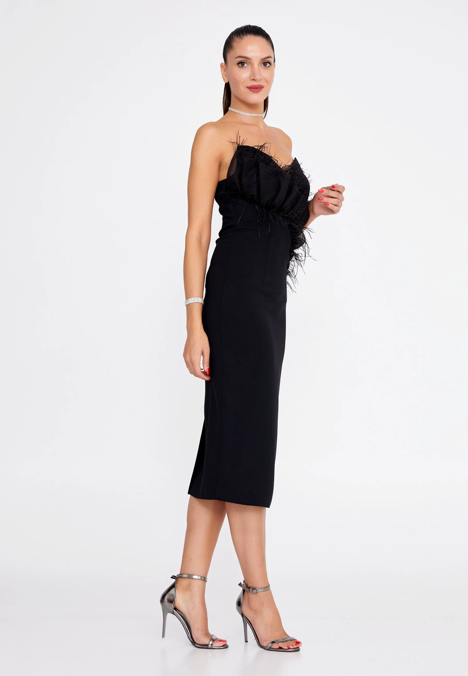Strapless Midi Crepe Column Regular Evening Dress nzn1815 - Image 3